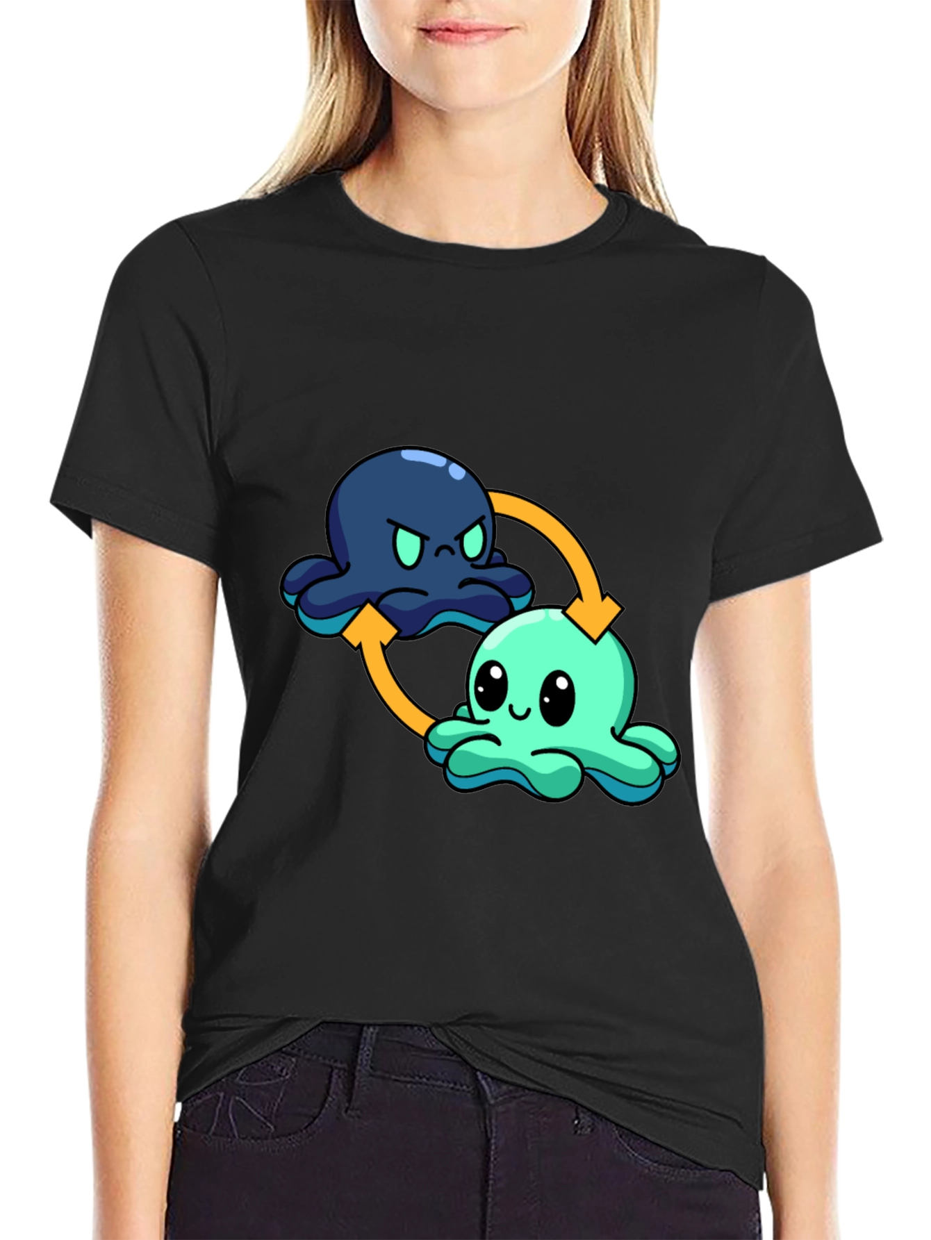 Black Mood Octopus T-Shirt - Reversible Cute Cartoon Design view 2