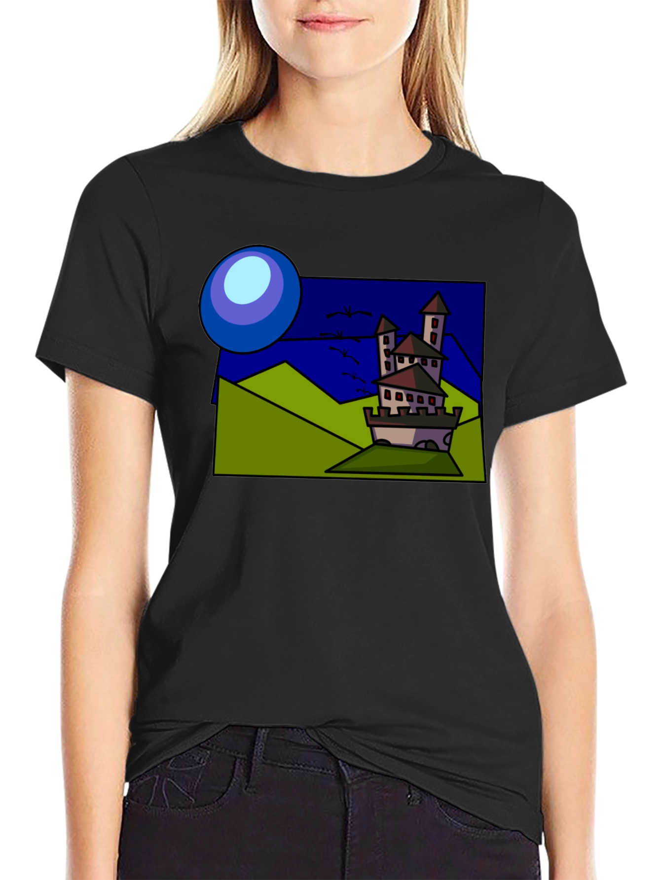 Black Cartoon Castle T-Shirt: Quirky Design, Classic Fit view 2