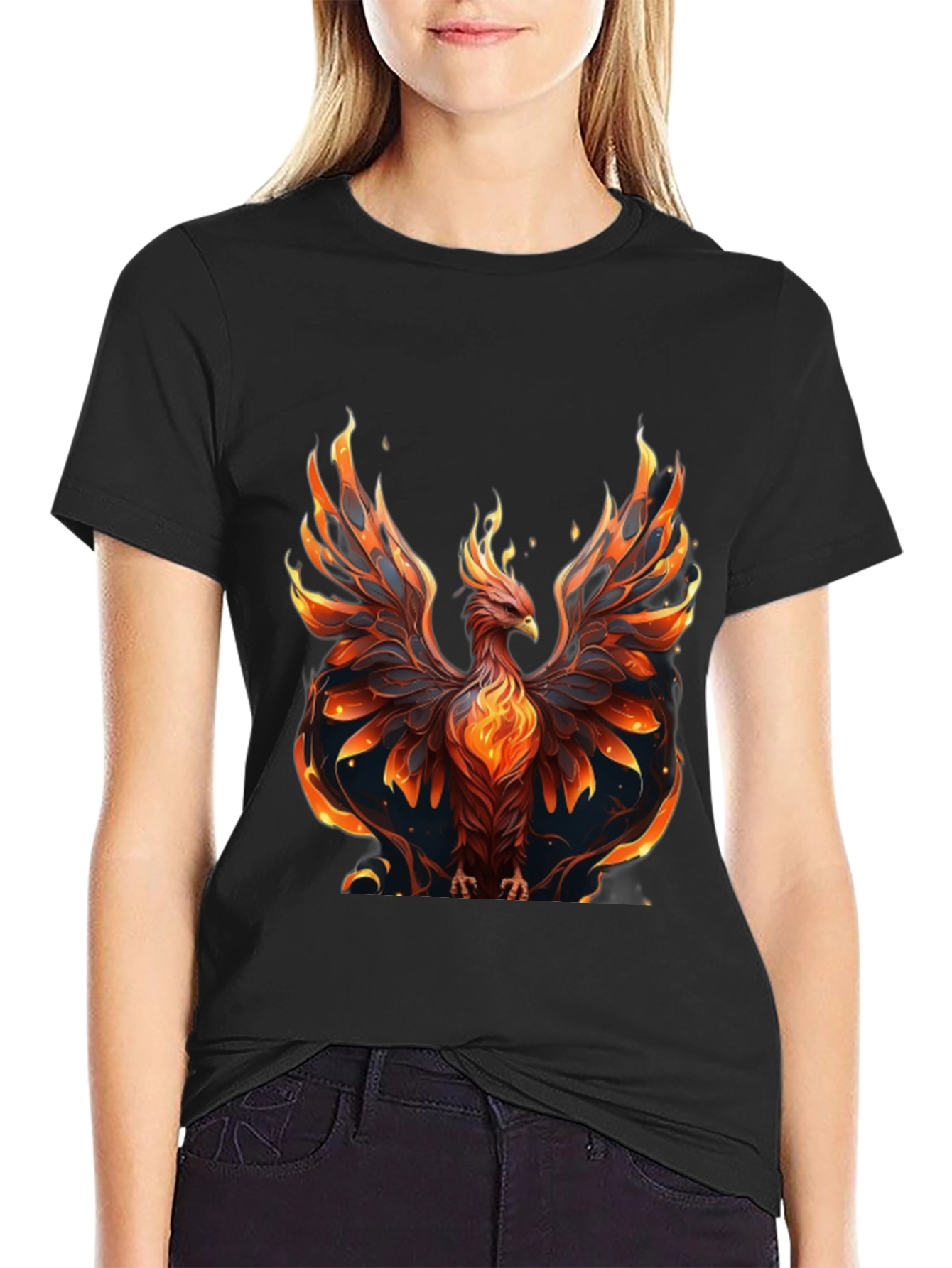 Black Fiery Phoenix Graphic Black T-Shirt view 2