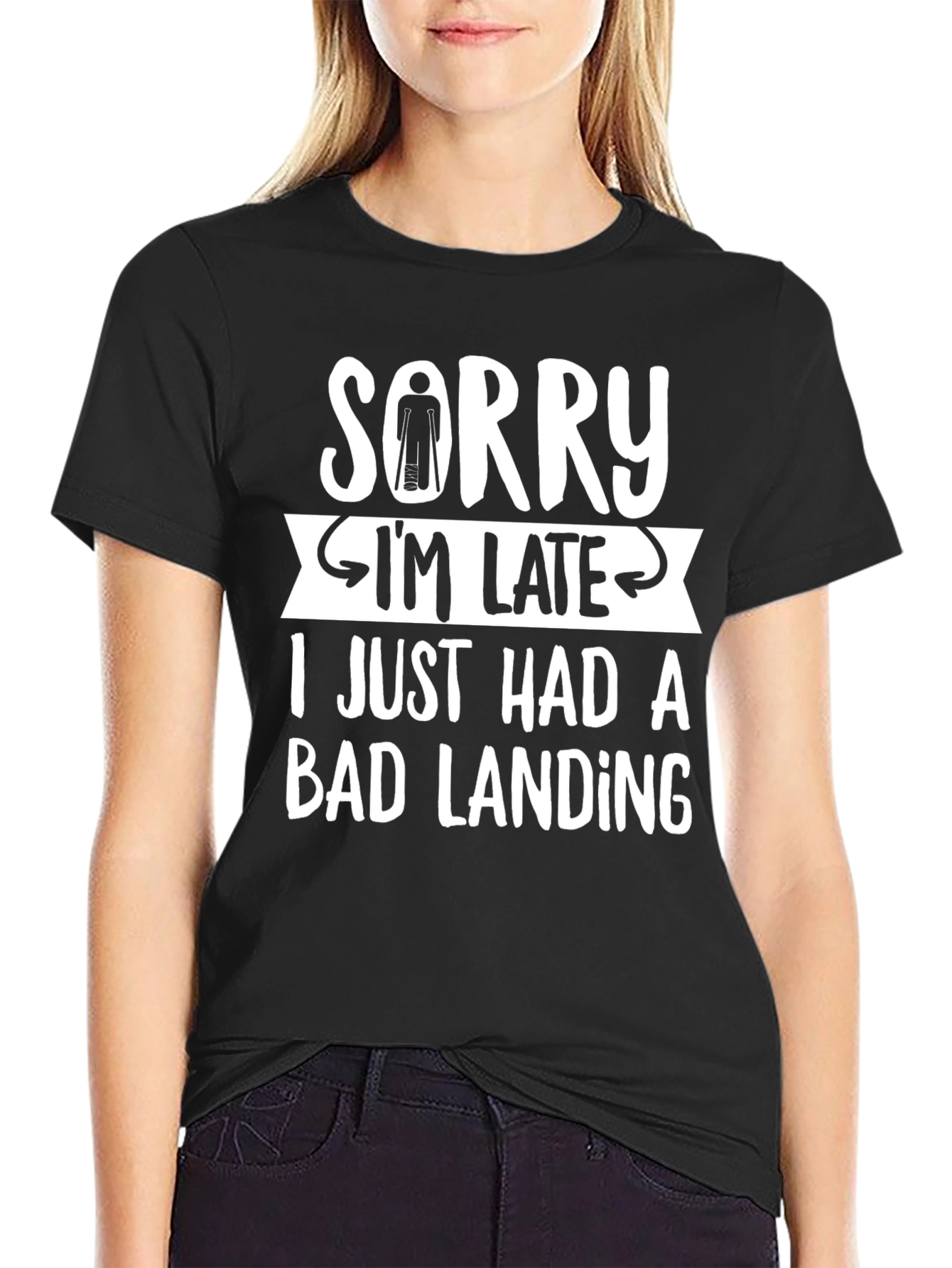 Black Sorry I'm Late Bad Landing T-Shirt view 2