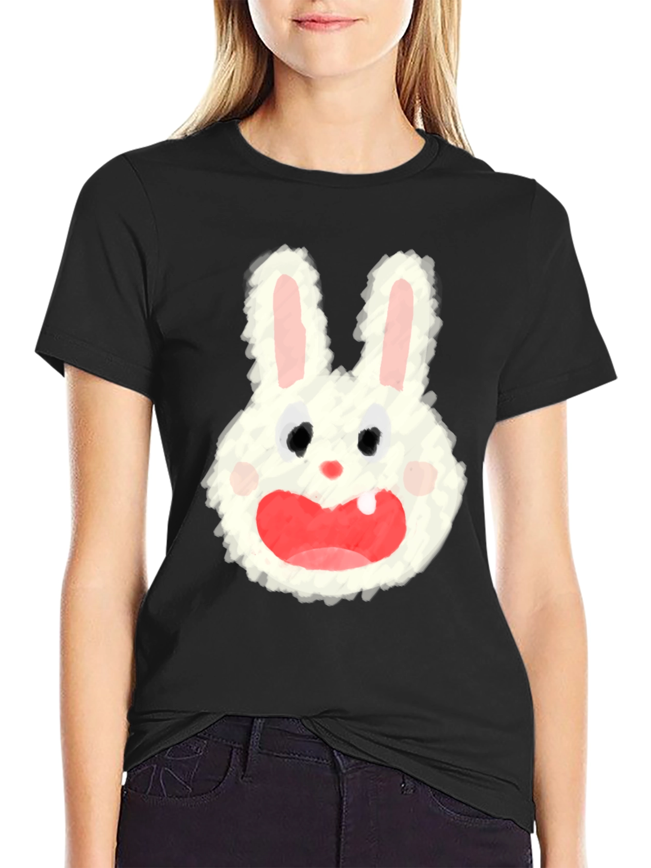Black Cartoon Bunny Graphic Tee - Soft Black Cotton Blend view 2