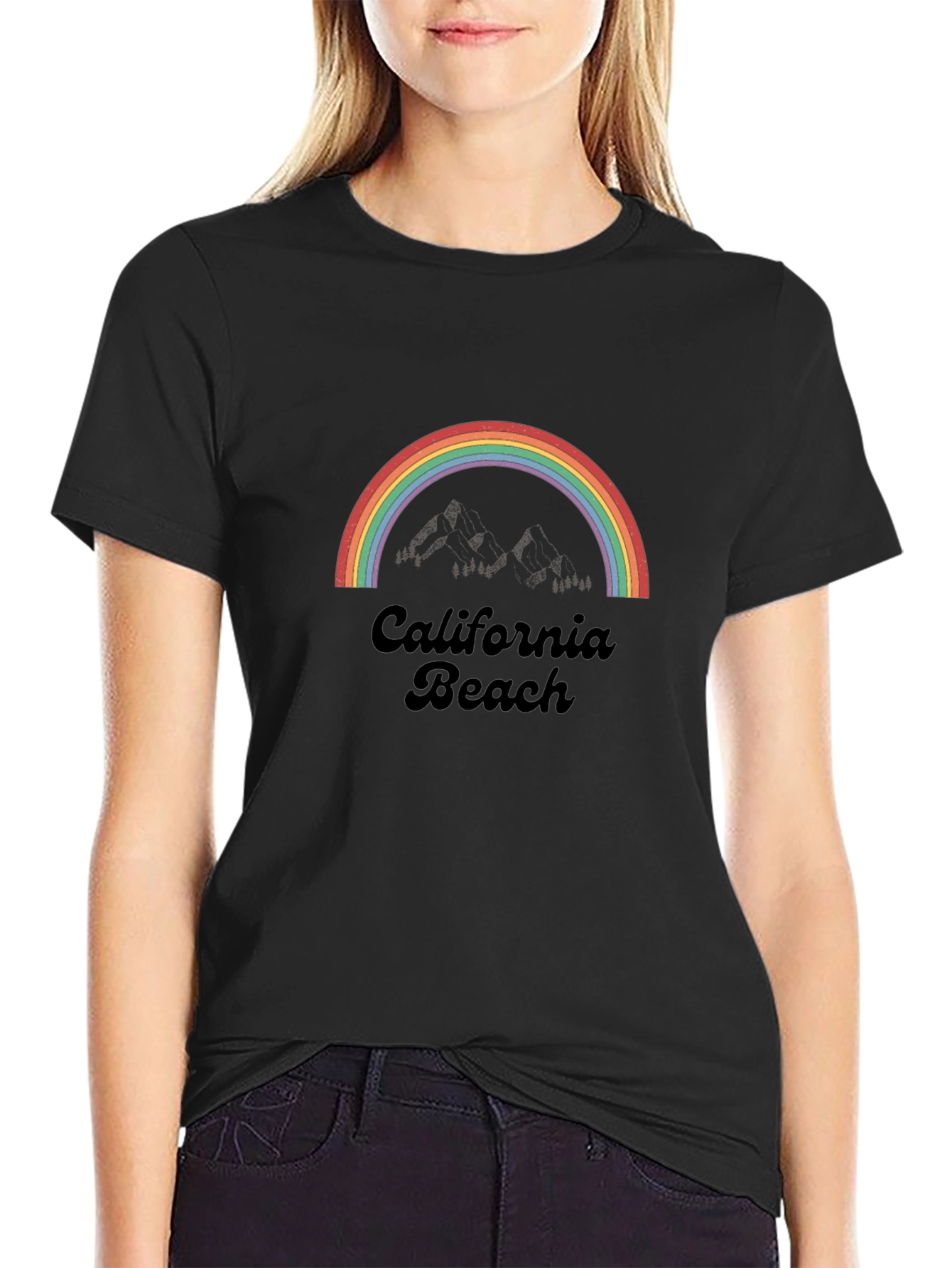 Black California Beach Rainbow Graphic Tee - Retro Style view 2