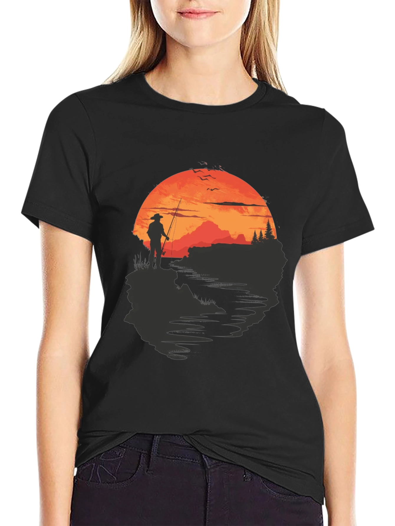 Black Fisherman Sunset Graphic Tee - Black Crew Neck view 2