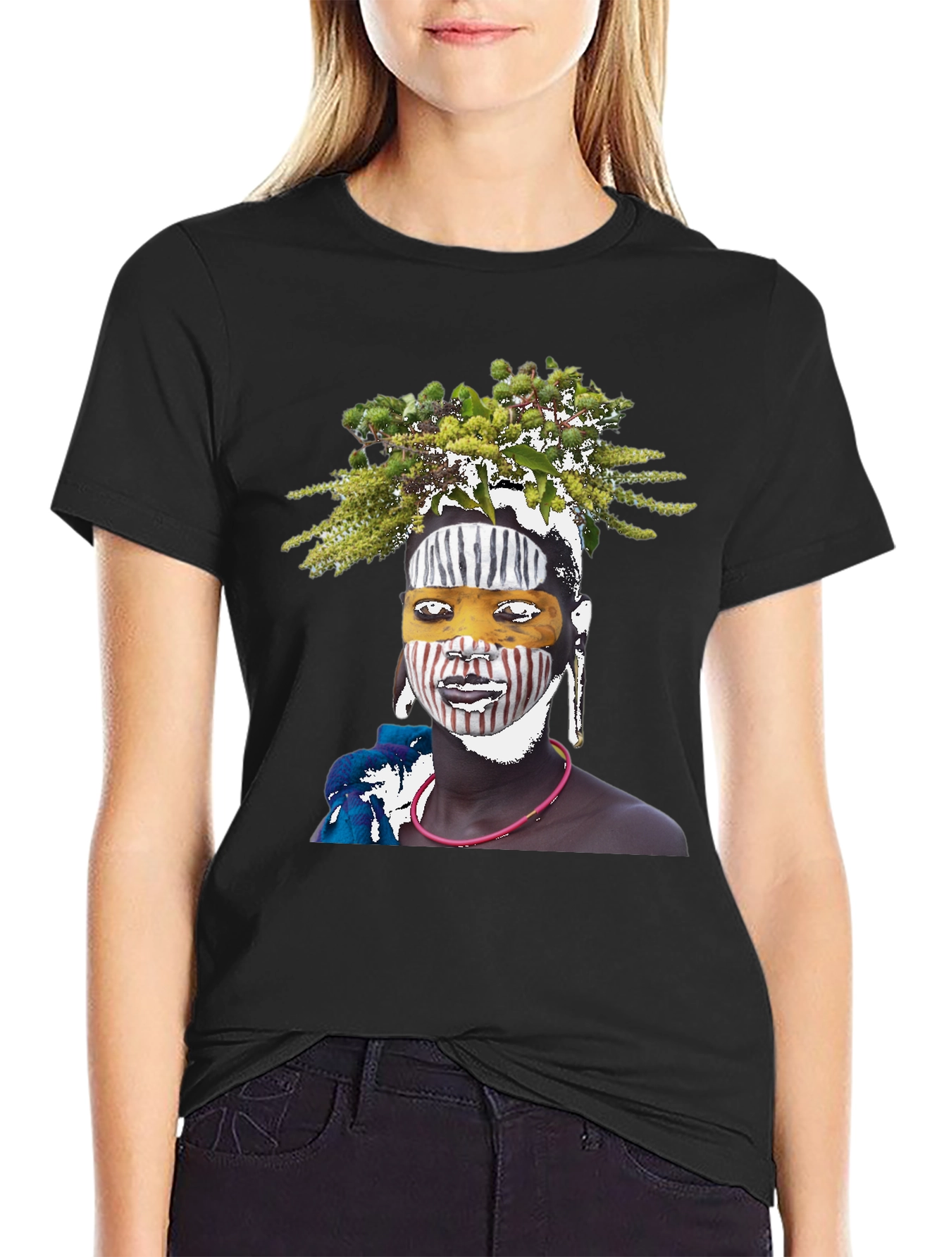 Black Tribal Face Art Graphic T-Shirt view 2