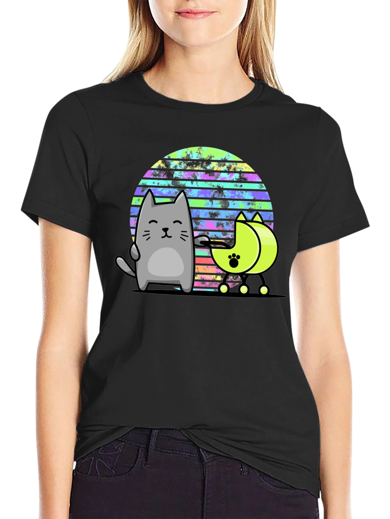 Black Retro Cat T-Shirt - 80s Style Graphic Tee view 2