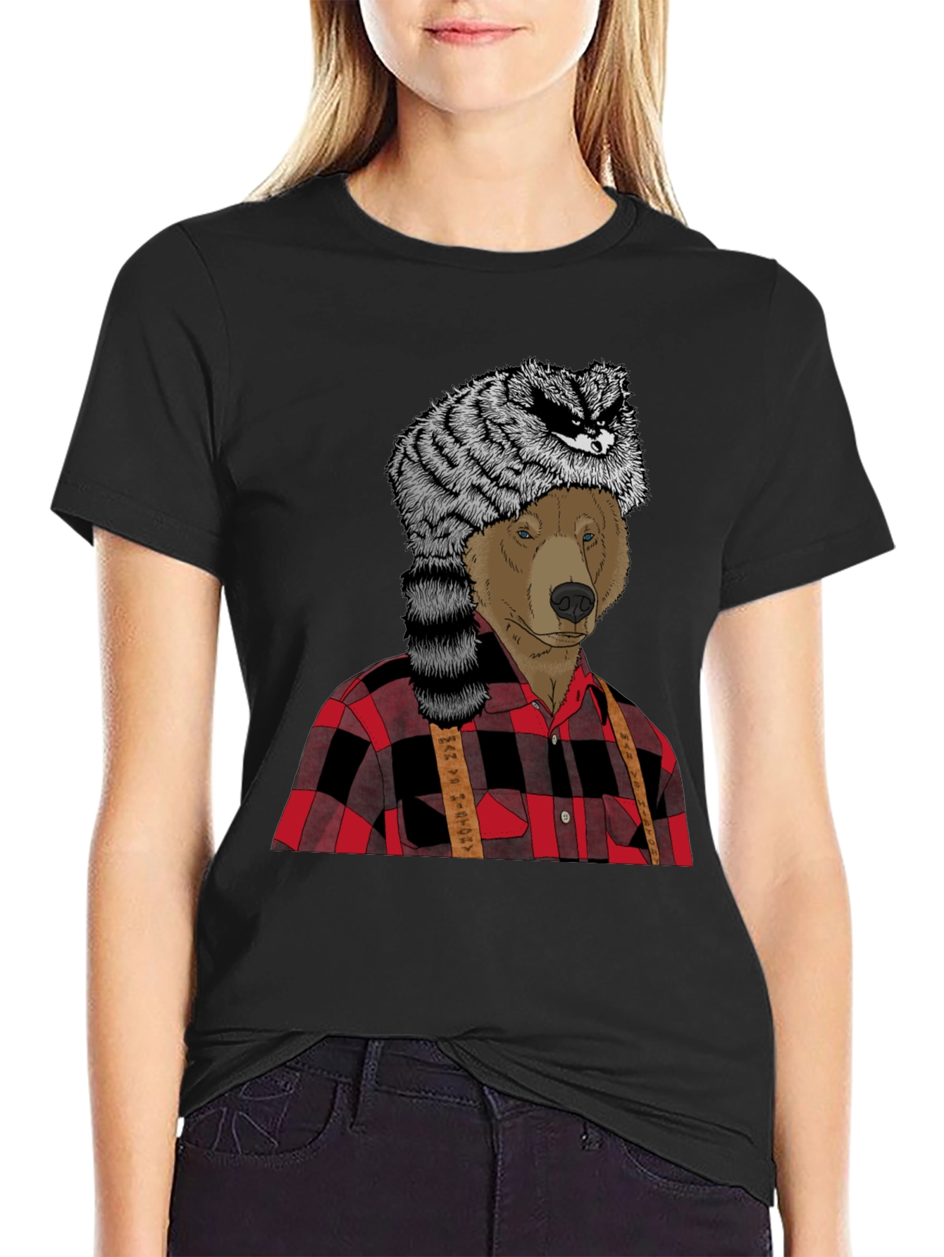 Black Bear in Raccoon Hat Lumberjack T-Shirt view 2