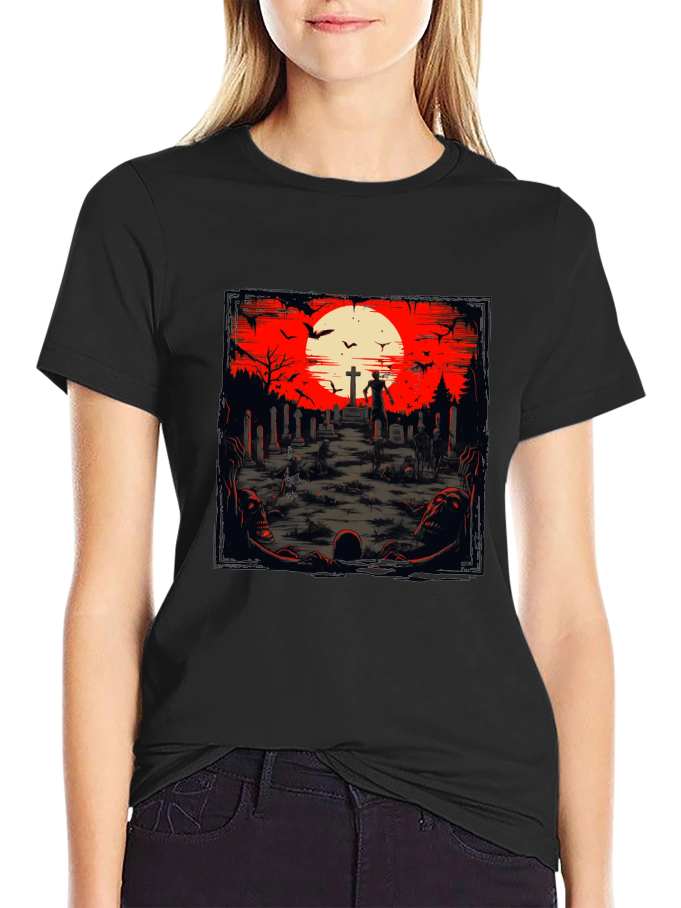 Black Zombie Graveyard T-Shirt - Spooky Halloween Design view 2