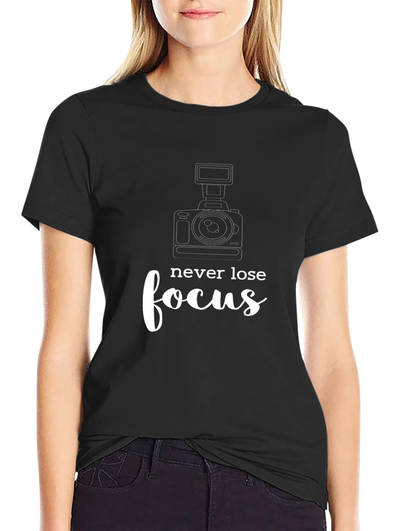Black Never Lose Focus T-Shirt, Camera Graphic Tee view 2