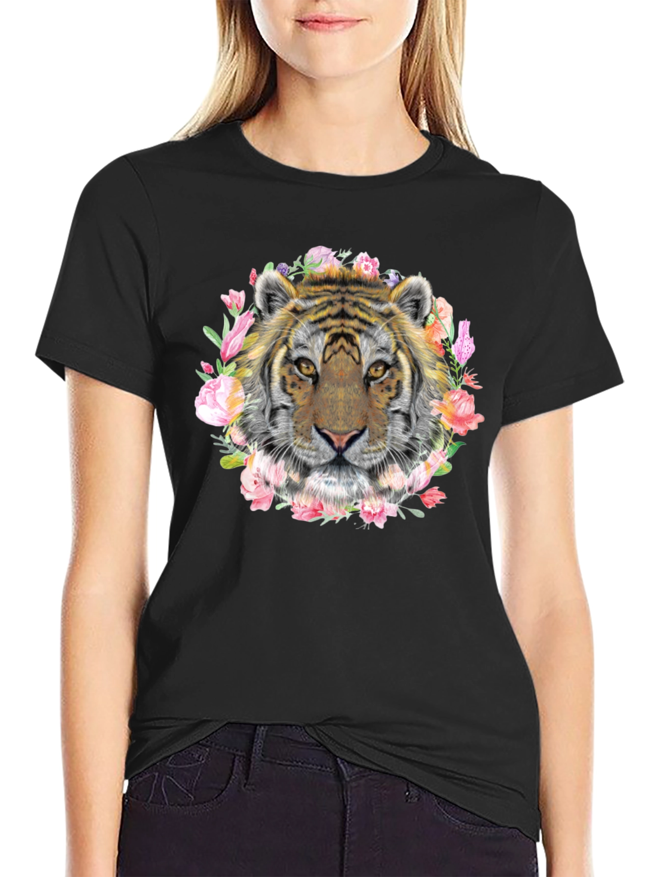 Black Tiger Floral Print T-Shirt - Stylish Graphic Tee view 2