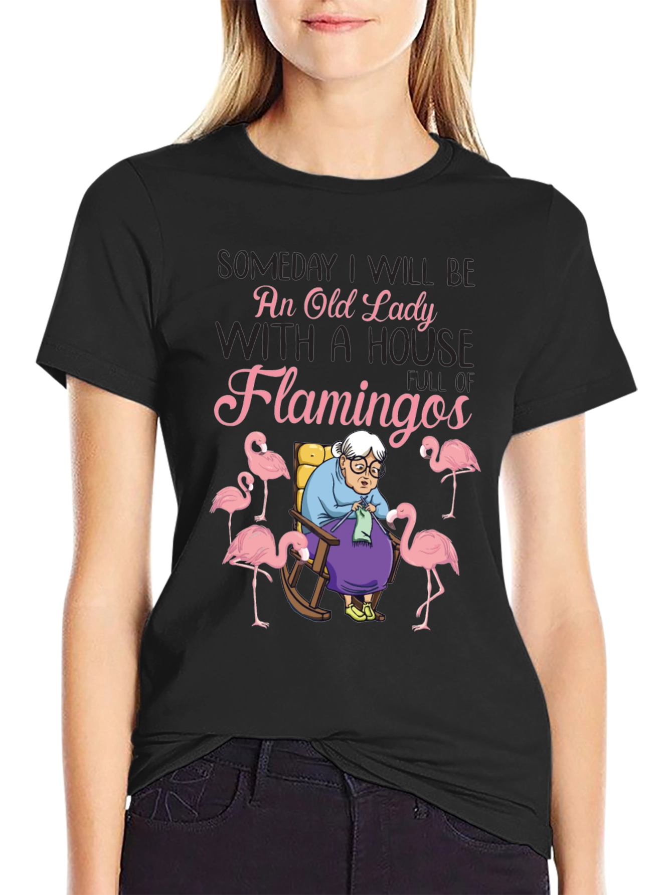 Black Old Lady Flamingo T-Shirt - Novelty Graphic Tee view 2