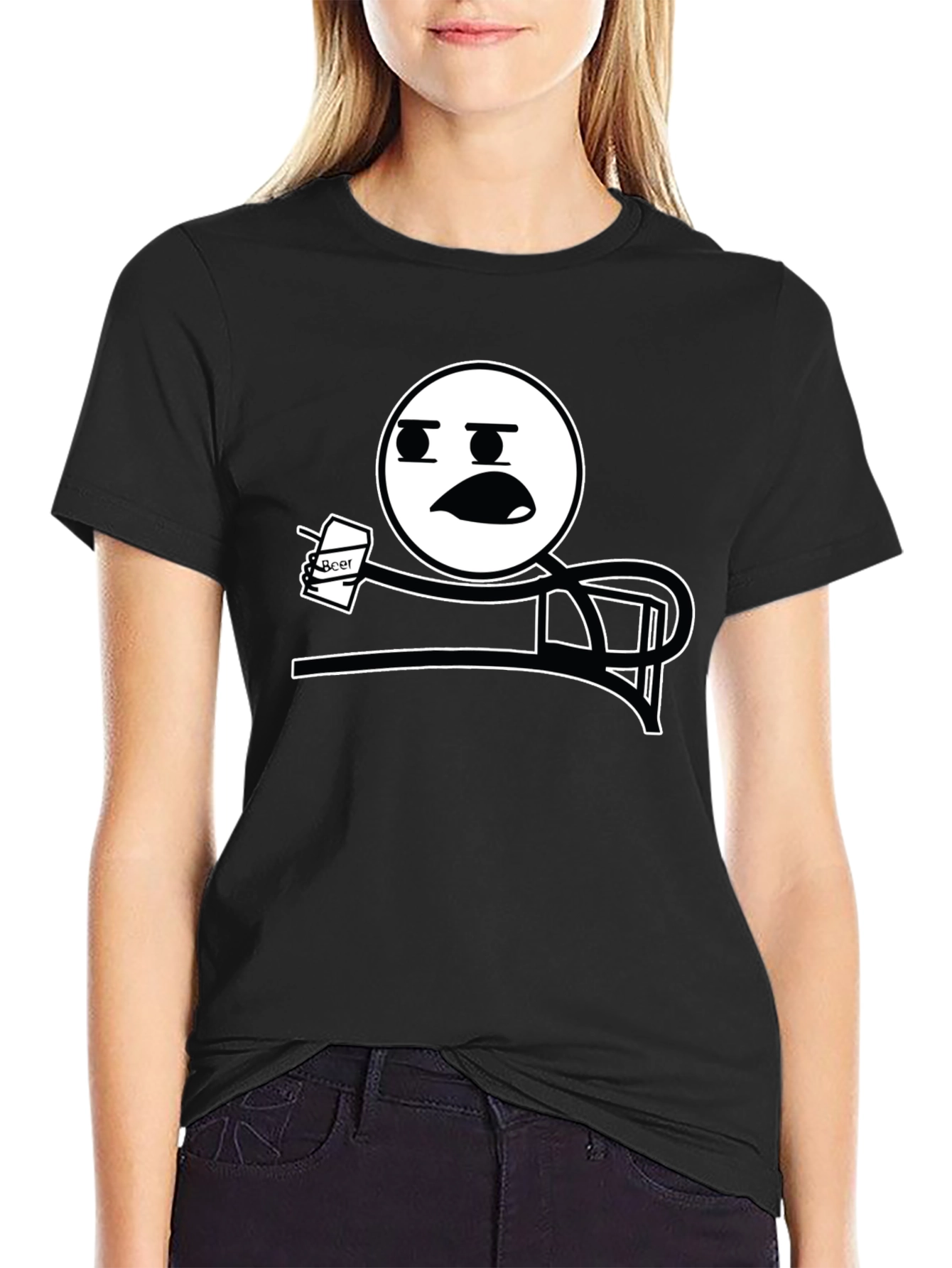 Black Funny Meme T-Shirt - Stick Figure Drinking Beer Tee view 2