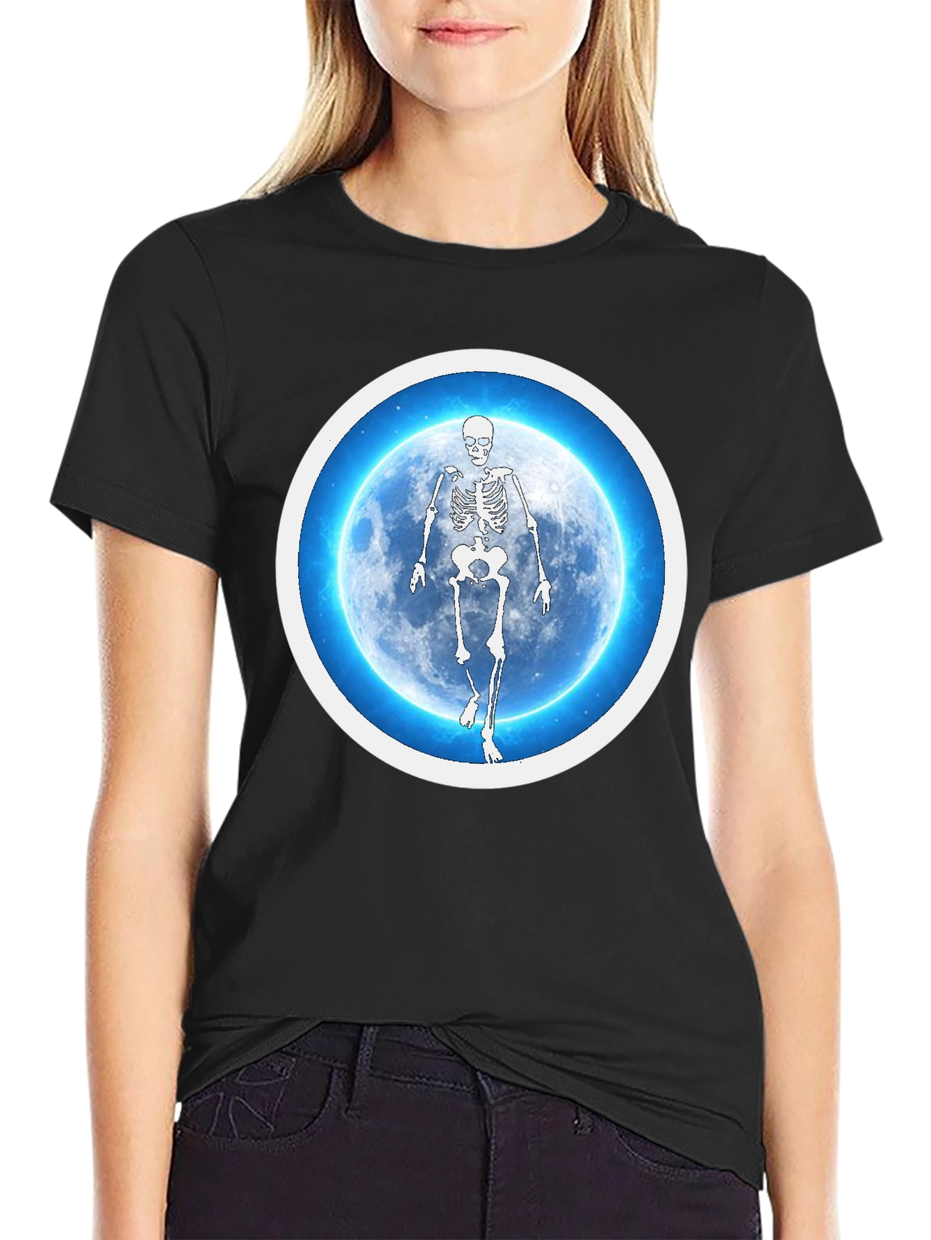 Black Skeleton Moon Graphic Tee - Black Cotton Blend view 2