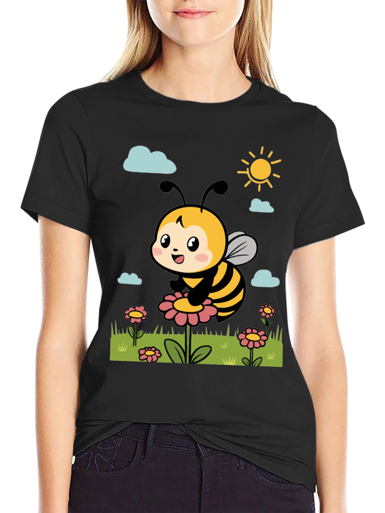 Black Cute Bee Graphic Tee - Black T-Shirt view 2