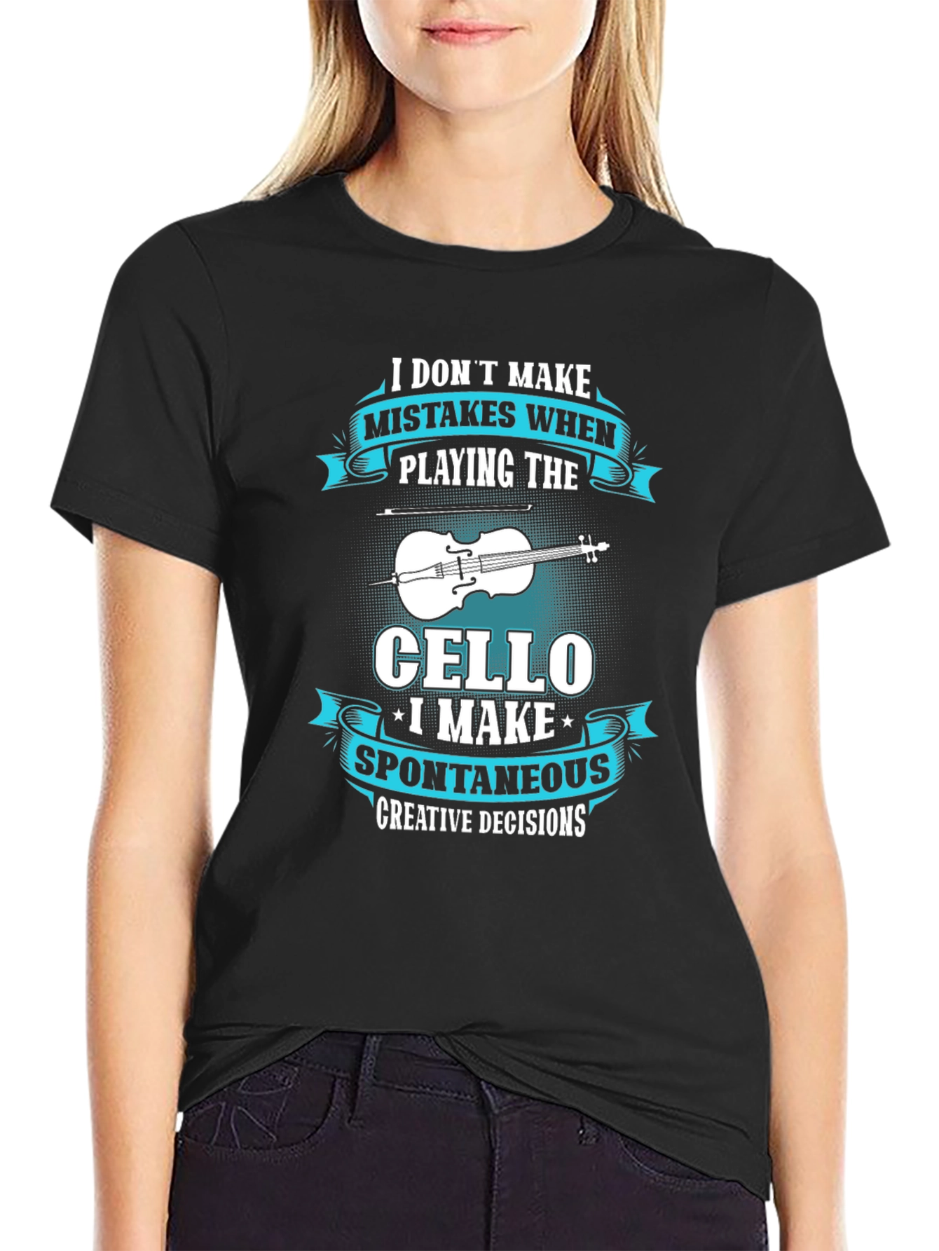 Black Cello Player T-Shirt: Spontaneous Creative Decisions view 2
