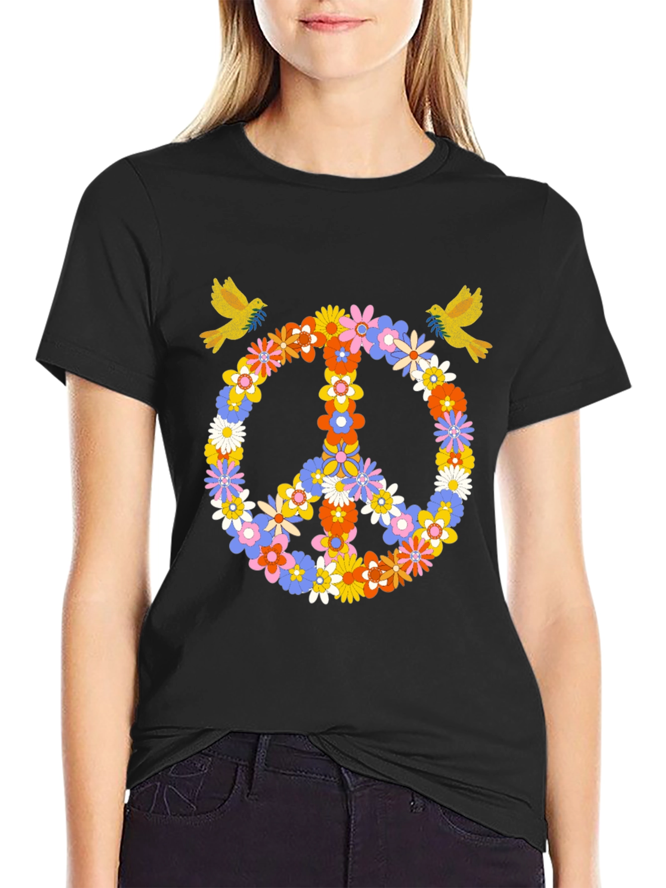 Black Floral Peace Sign Graphic Tee view 2