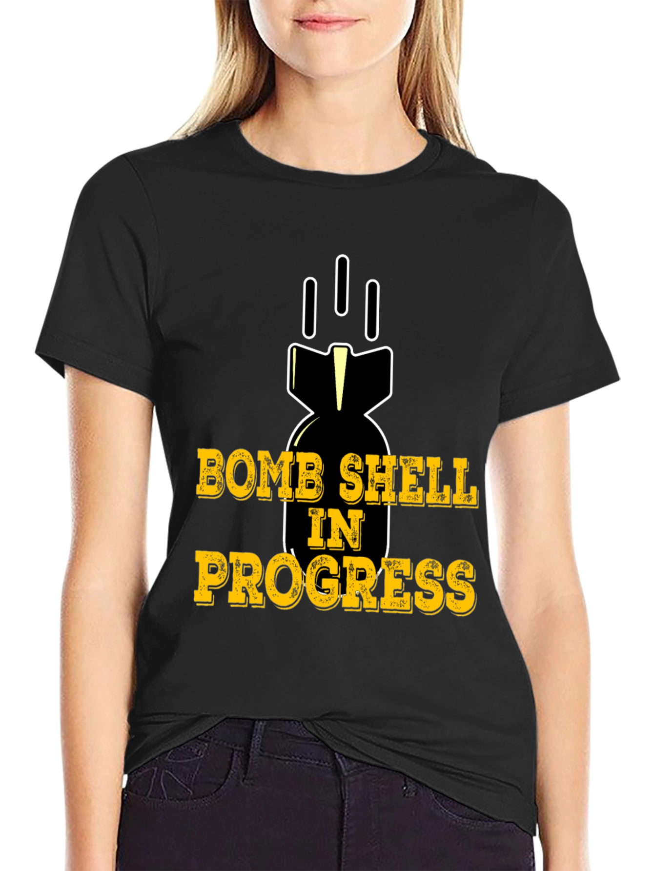 Black Bomb Shell In Progress Black T-Shirt Funny Humor Tee view 2