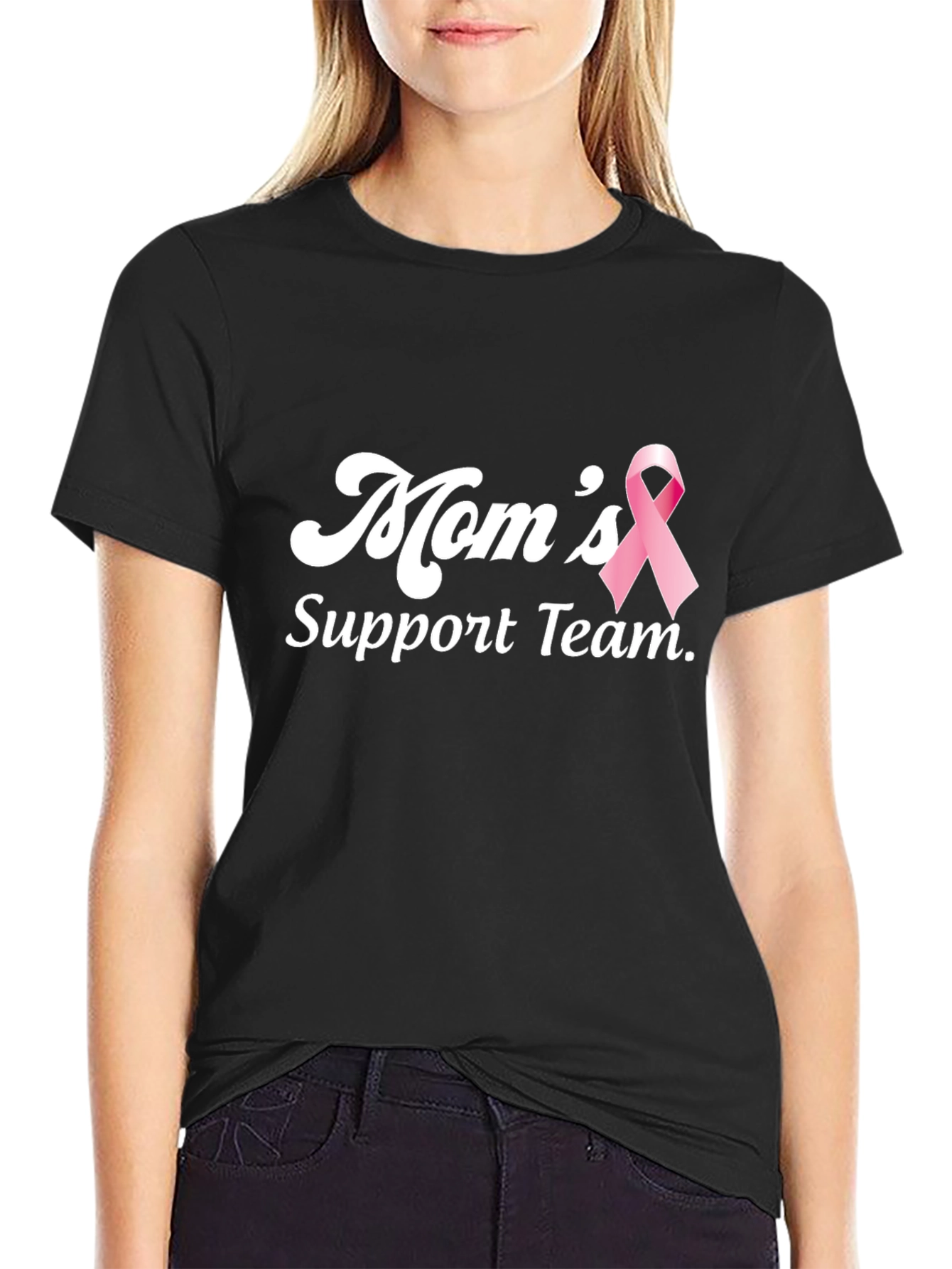 Black Mom's Support Team T-Shirt - Breast Cancer Awareness Tee view 2