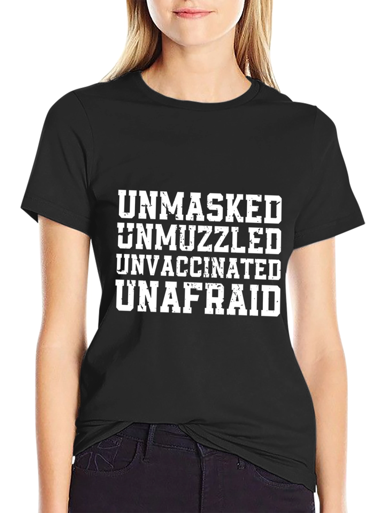 Black Unmasked Unmuzzled Unvaccinated Unafraid T-Shirt view 2