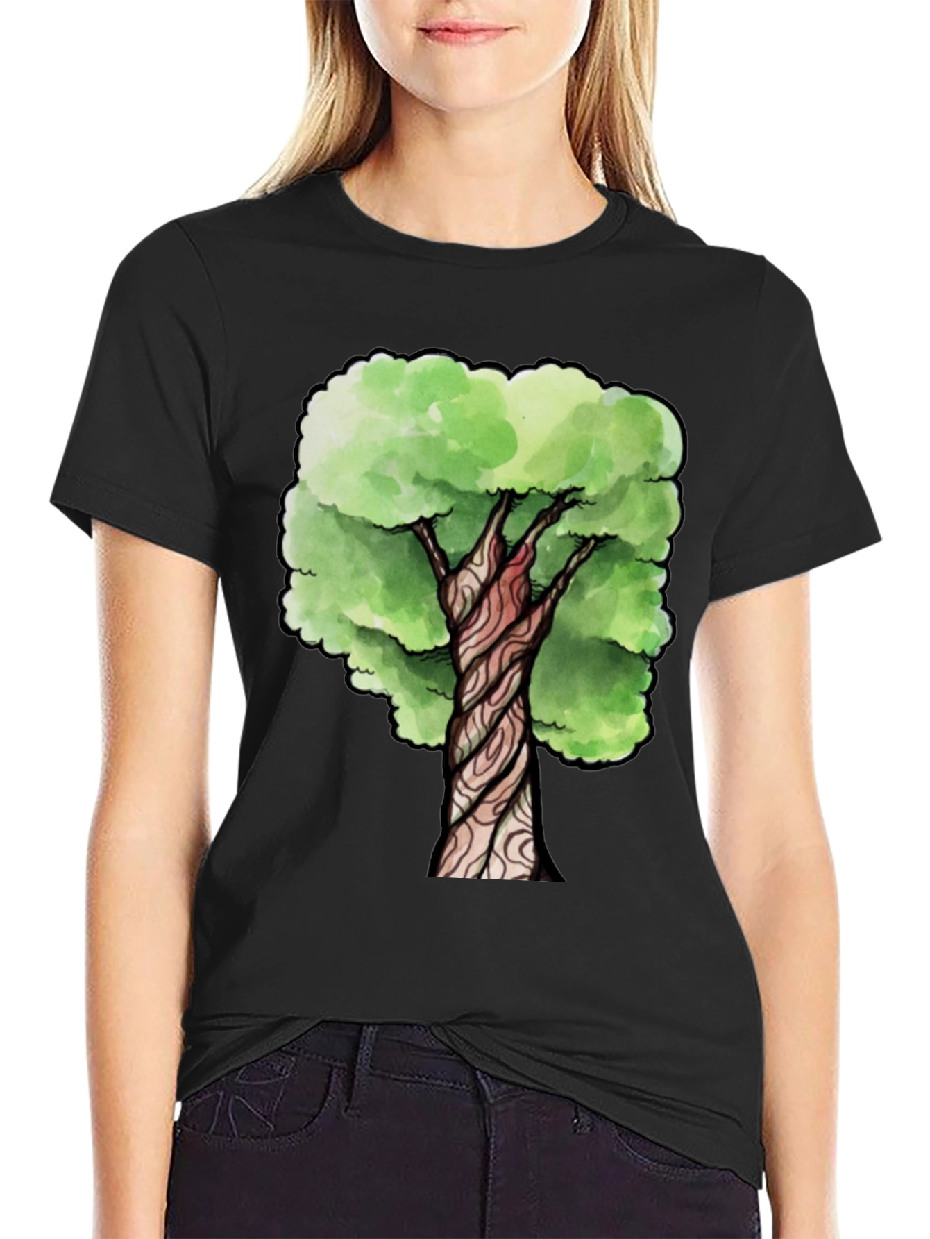Black Watercolor Tree Graphic Print Black T-Shirt view 2