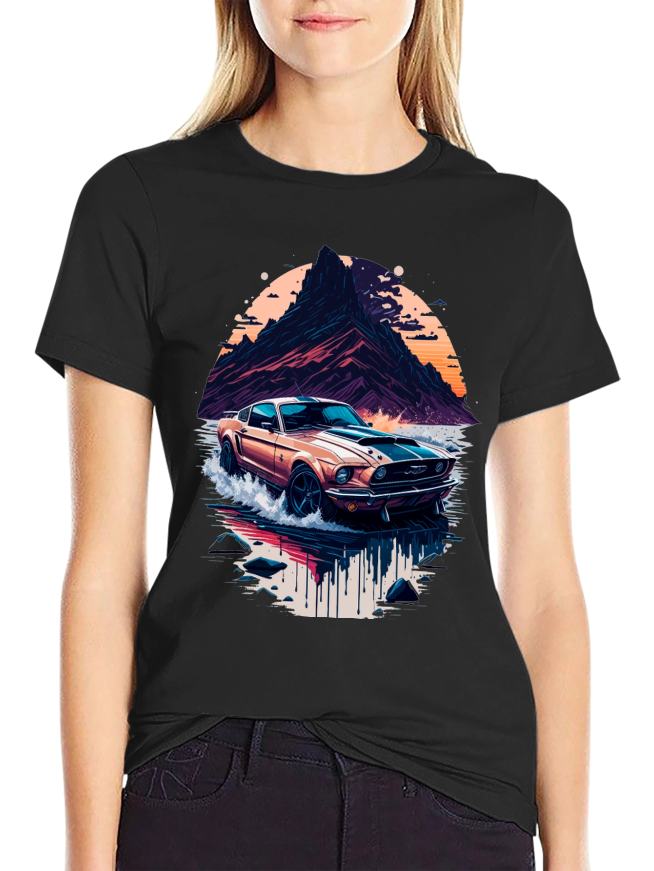 Black Retro Car Graphic Tee - Cool Mountainscape Design view 2
