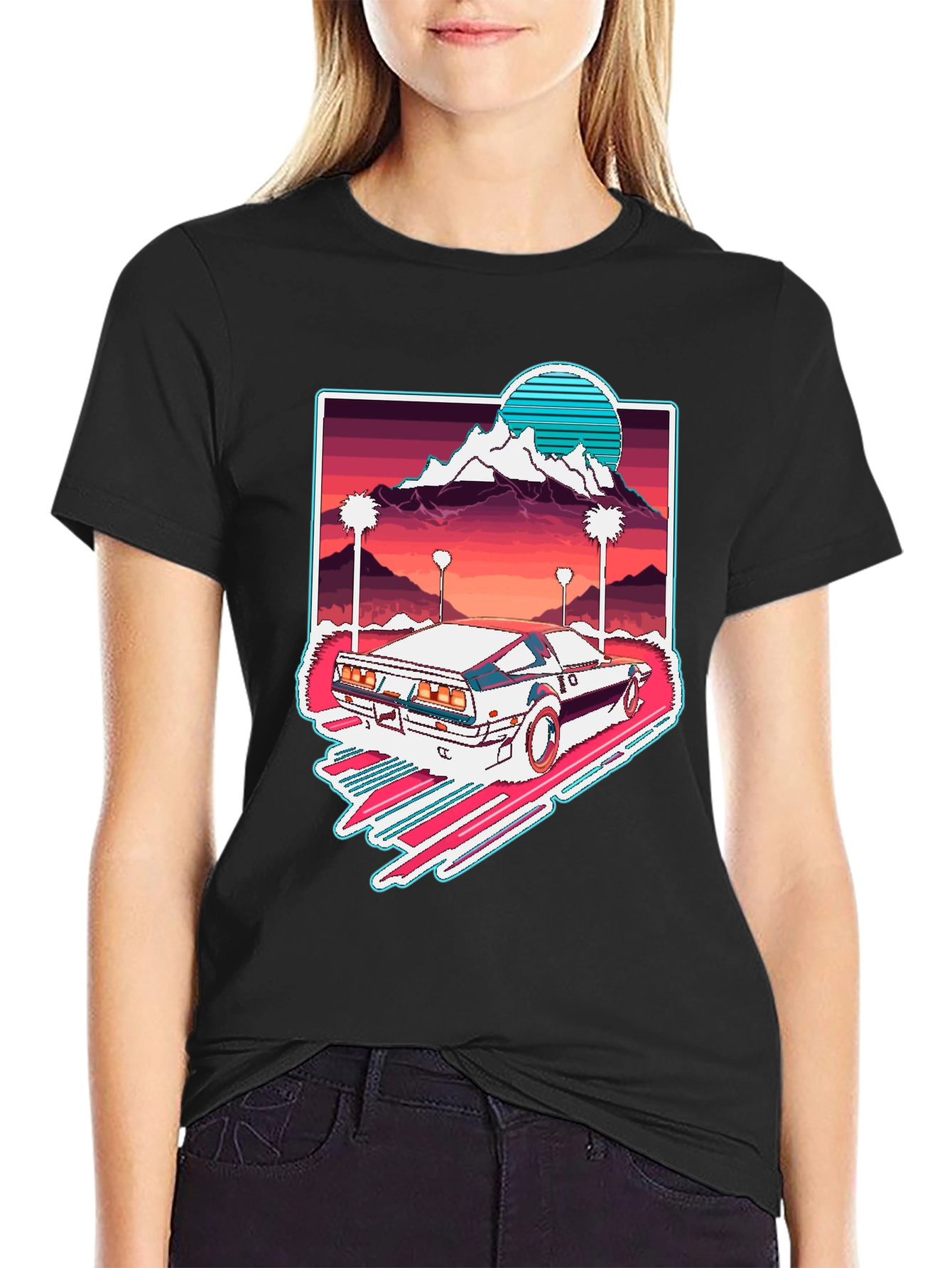 Black Retro Wave Car Graphic Tee - Synthwave Aesthetic T-Shirt view 2