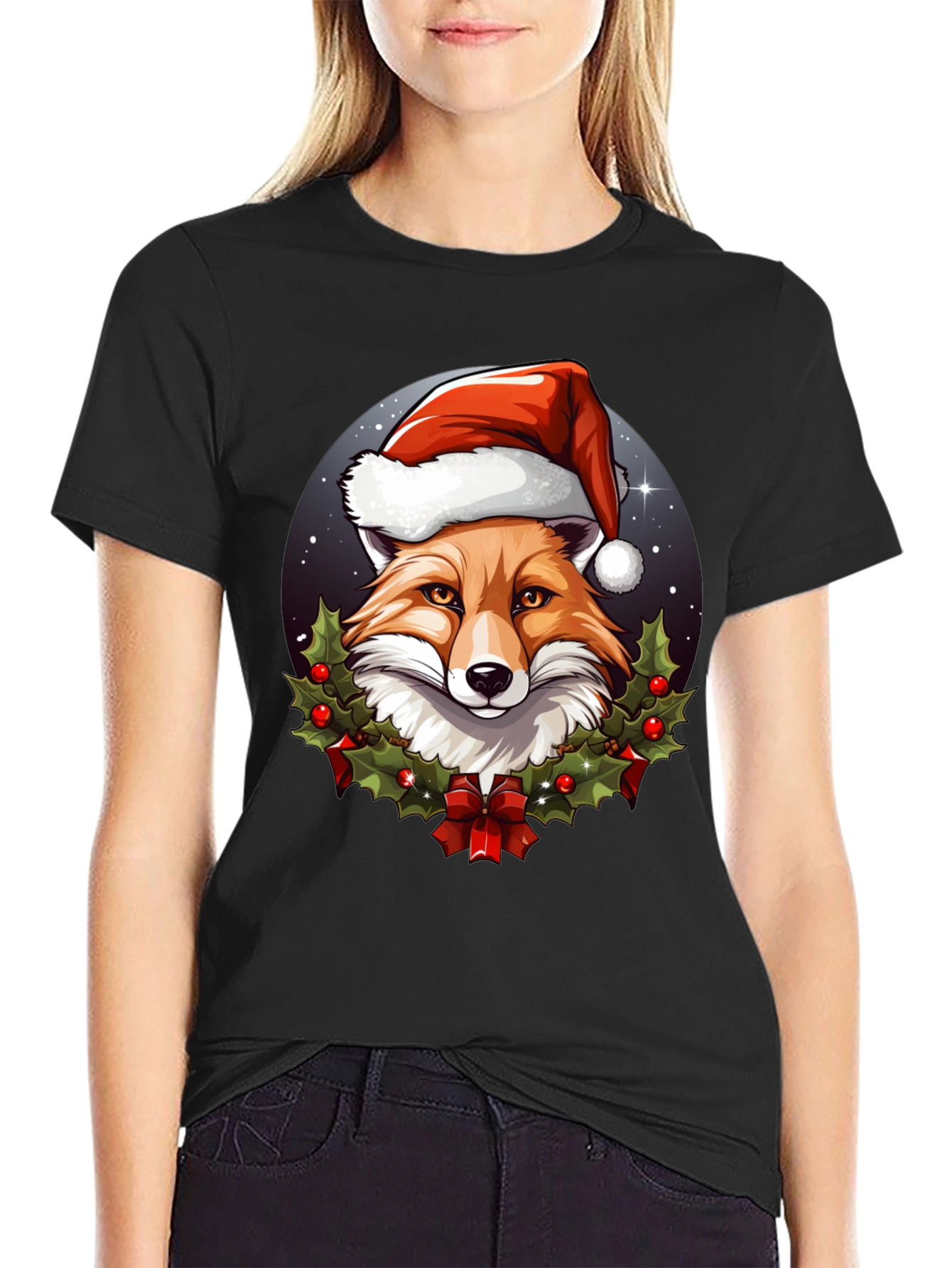 Black Festive Fox Tee: Holiday Spirit Apparel view 2