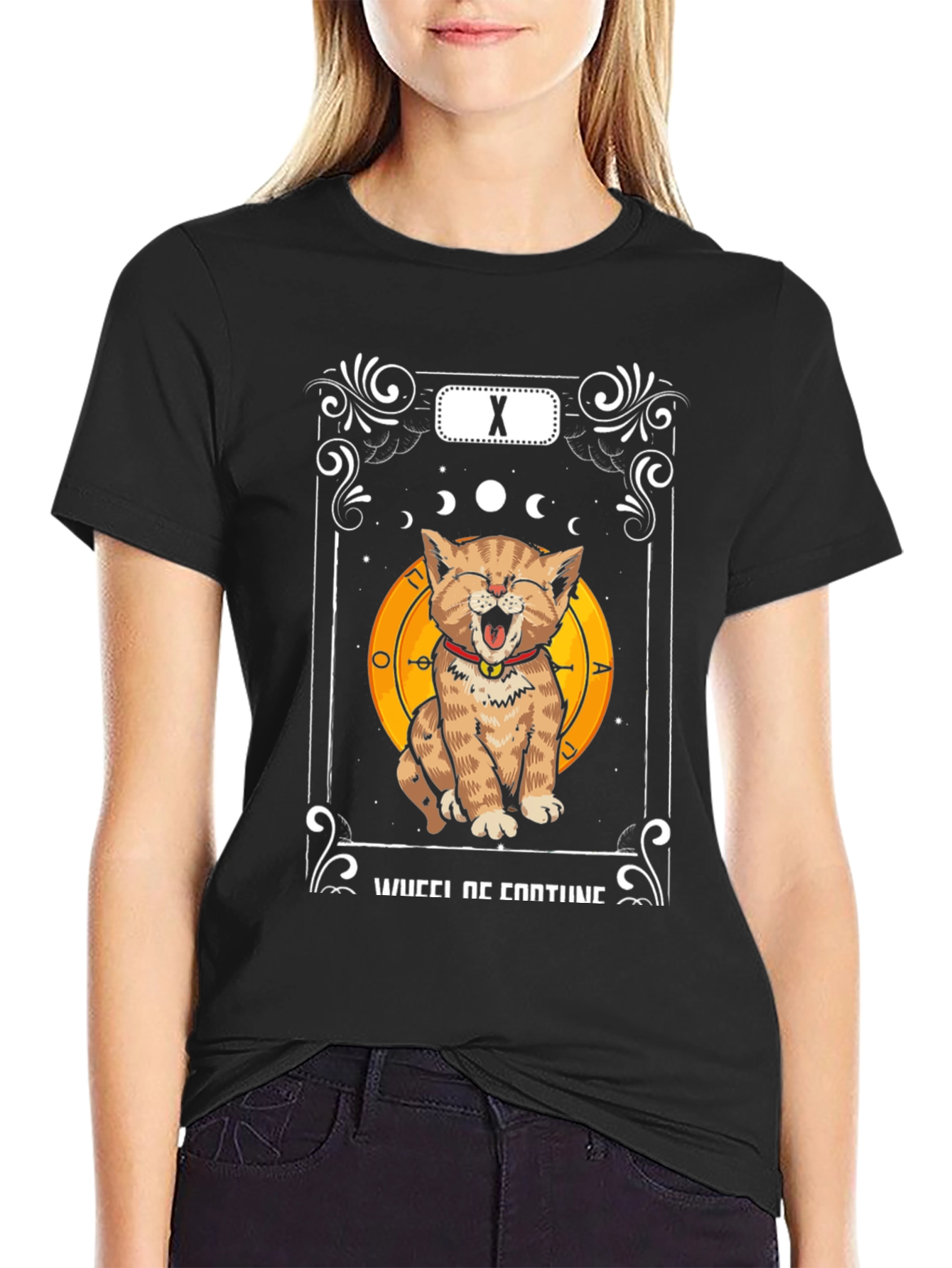 Black Funny Cat Tarot Card Wheel of Fortune T-Shirt view 2