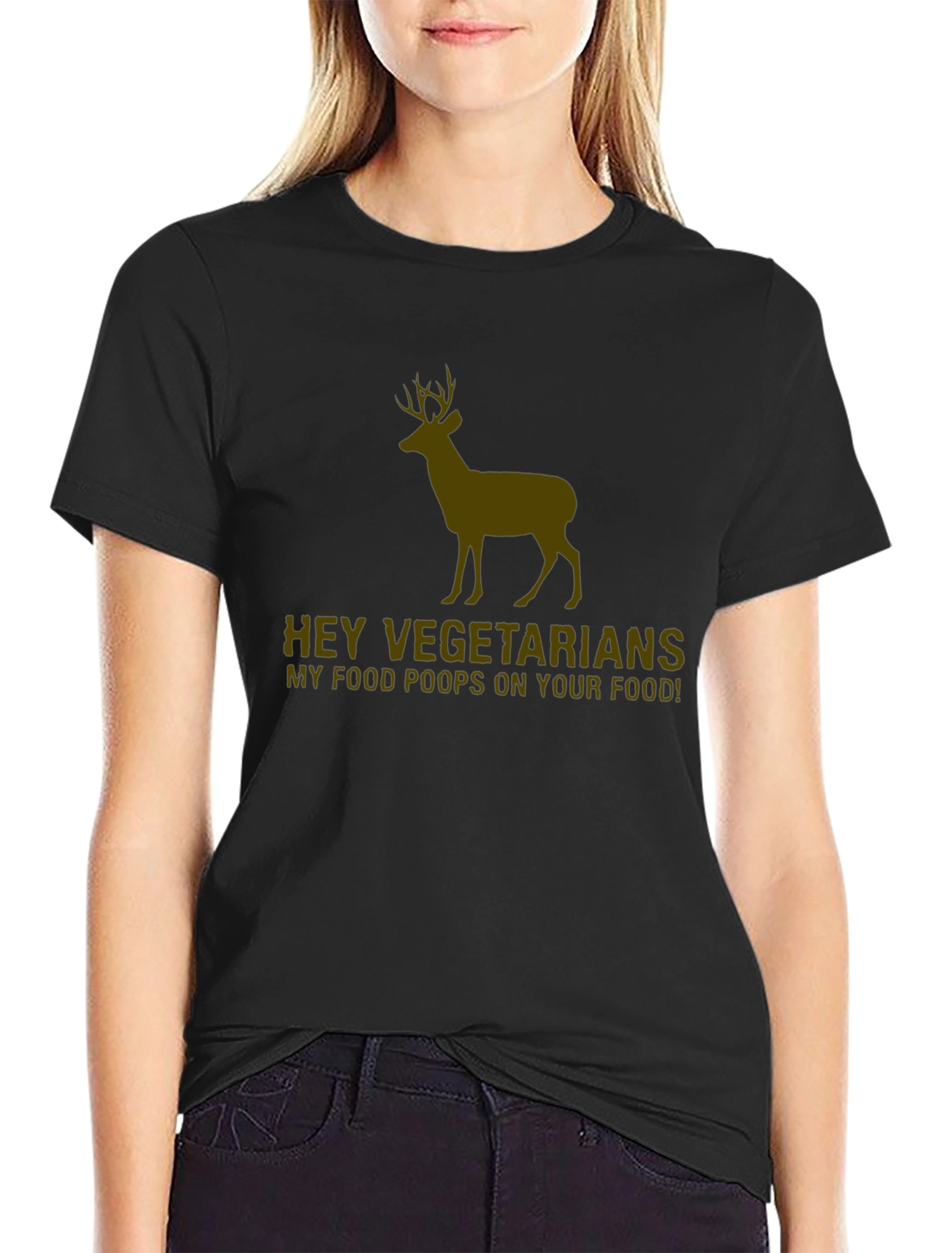 Black Hey Vegetarians Deer Graphic Tee - Novelty Hunting Humor T-Shirt view 2