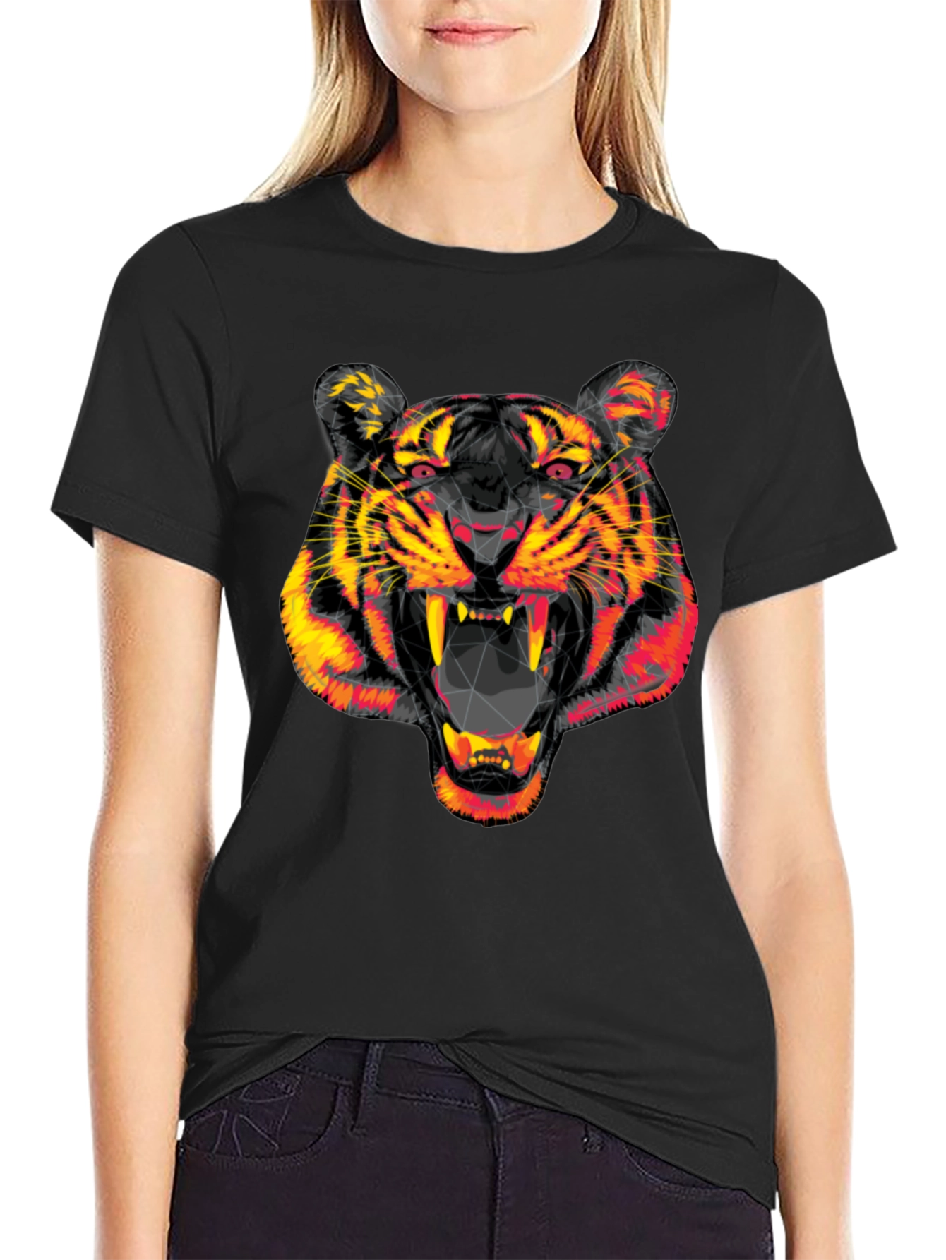 Black Geometric Tiger Head Black Graphic Tee view 2