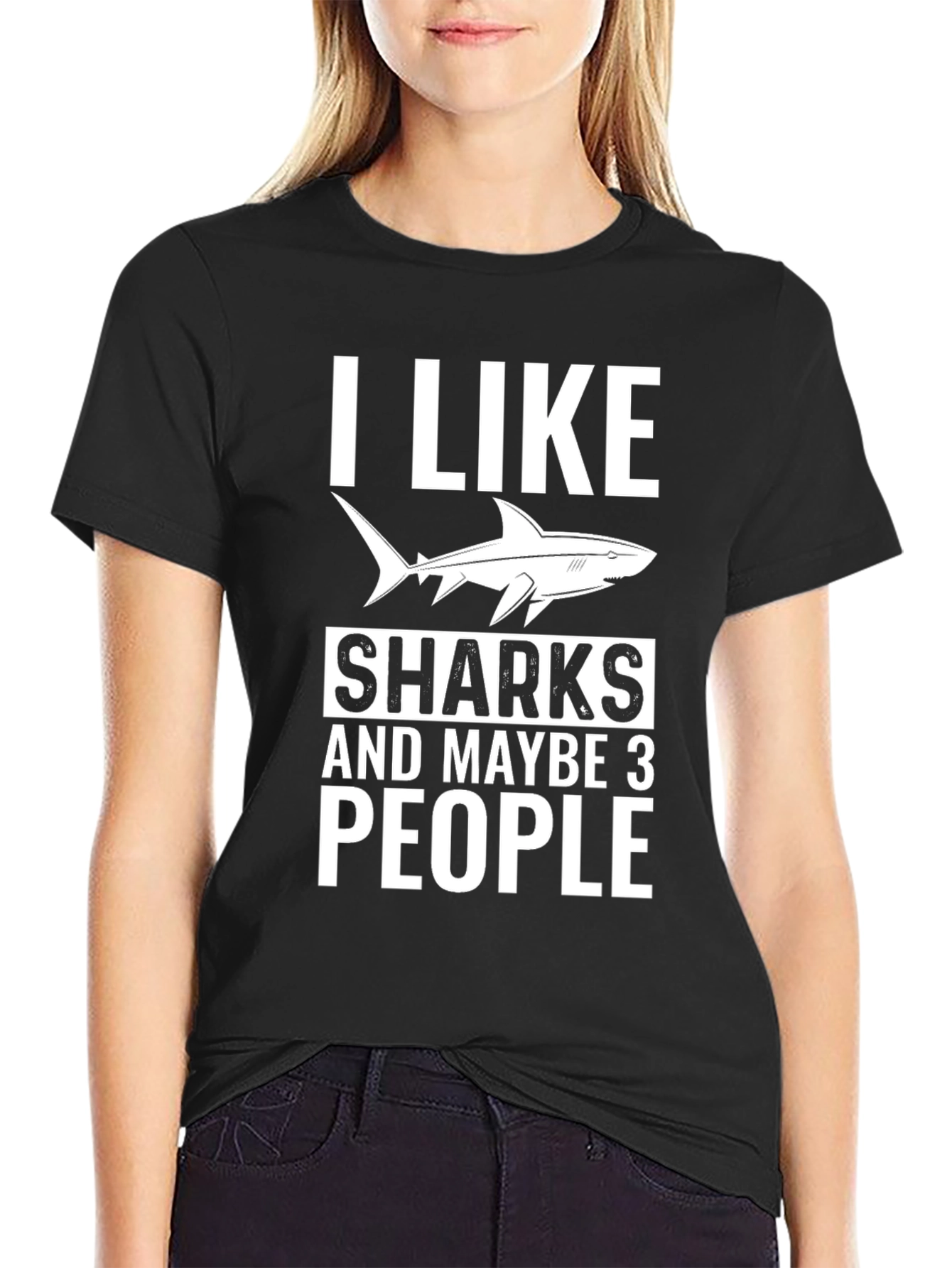 Black I Like Sharks and Maybe 3 People T-Shirt view 2