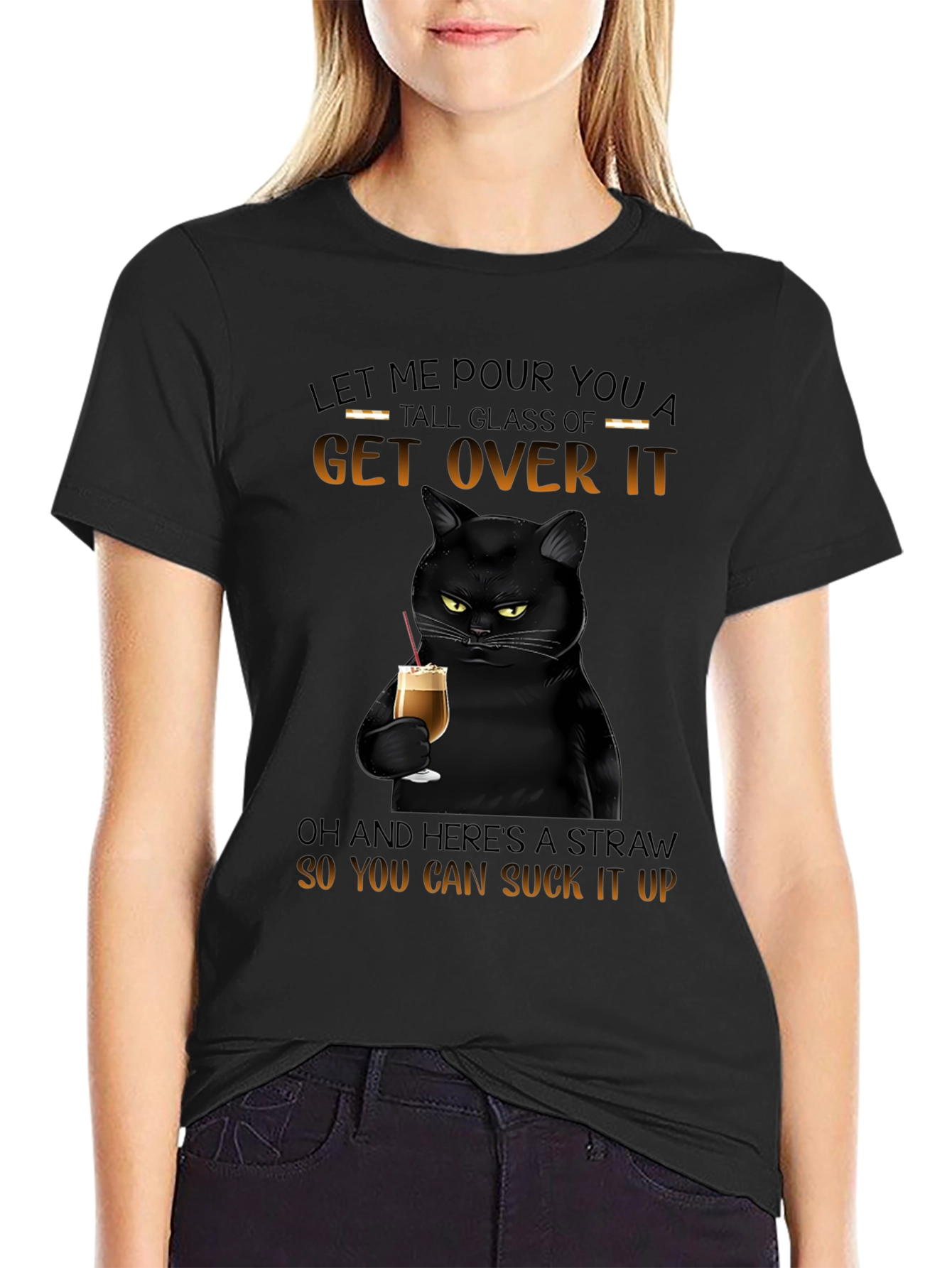 Black Sarcastic Cat Get Over It T-Shirt view 2