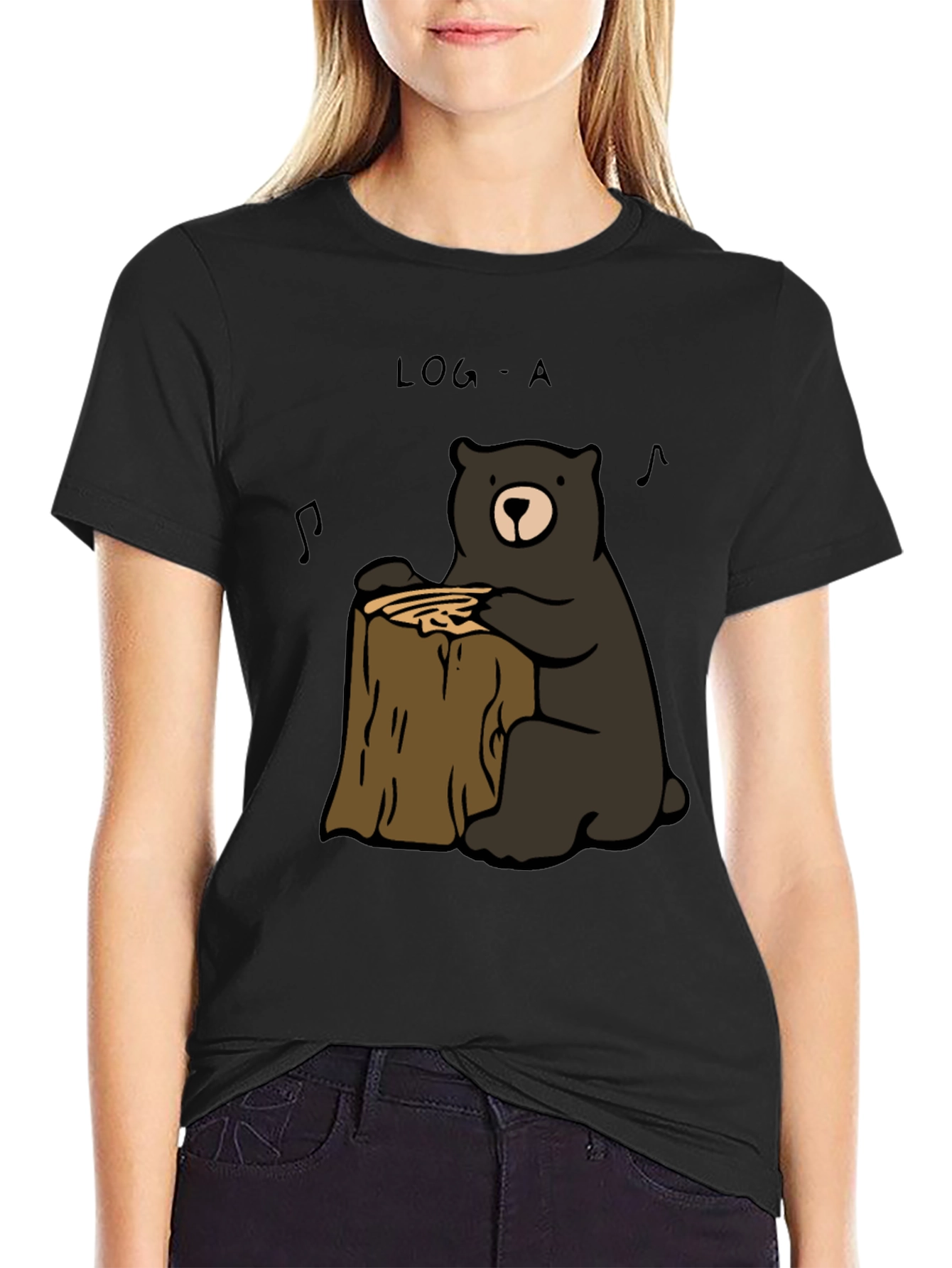 Black Log-A Bear T-Shirt - Music Loving Bear on Wood Stump view 2