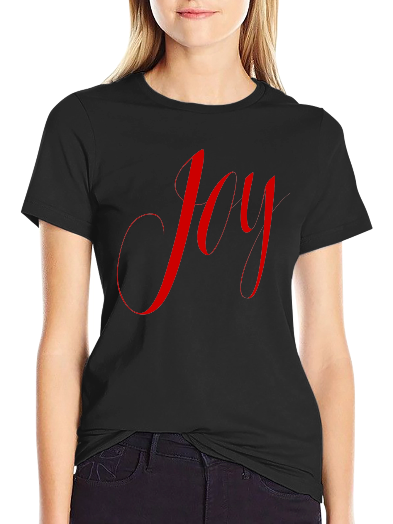 Black Joyful Red Script on Black T-Shirt view 2