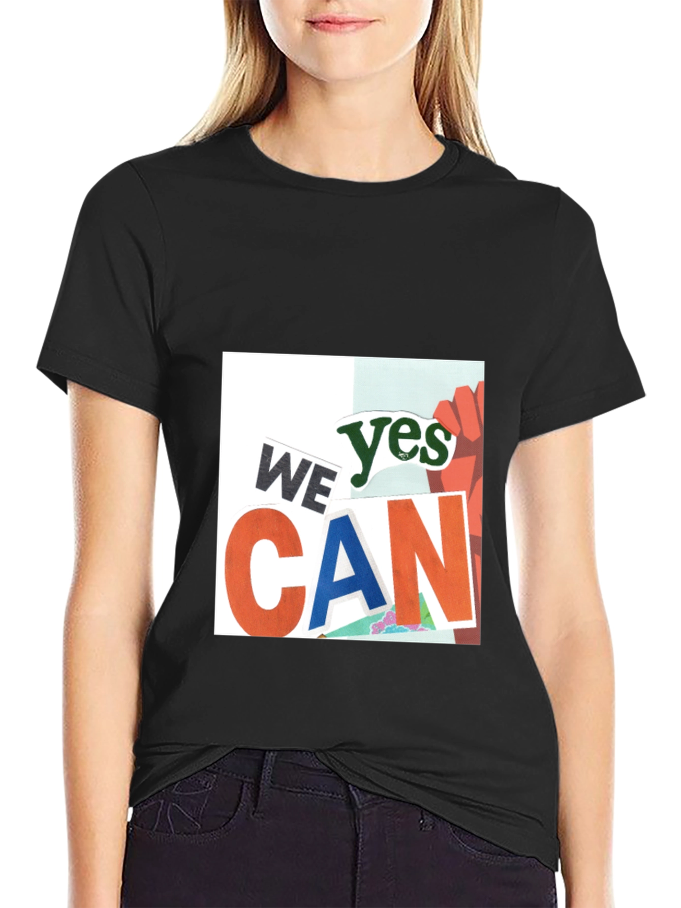 Black We Yes Can Graphic Print Black T-Shirt view 2