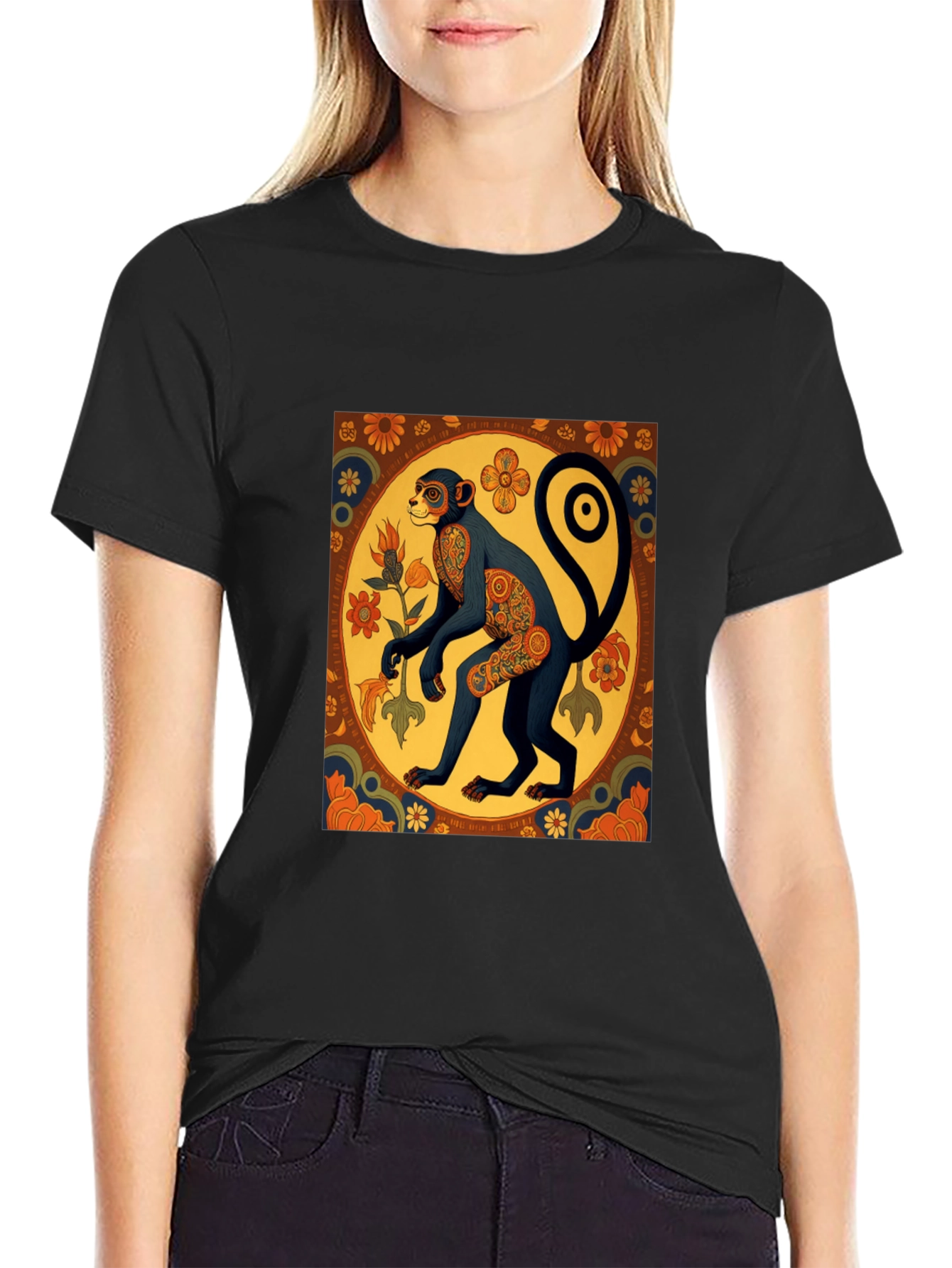 Black Retro Monkey Art Graphic Tee view 2