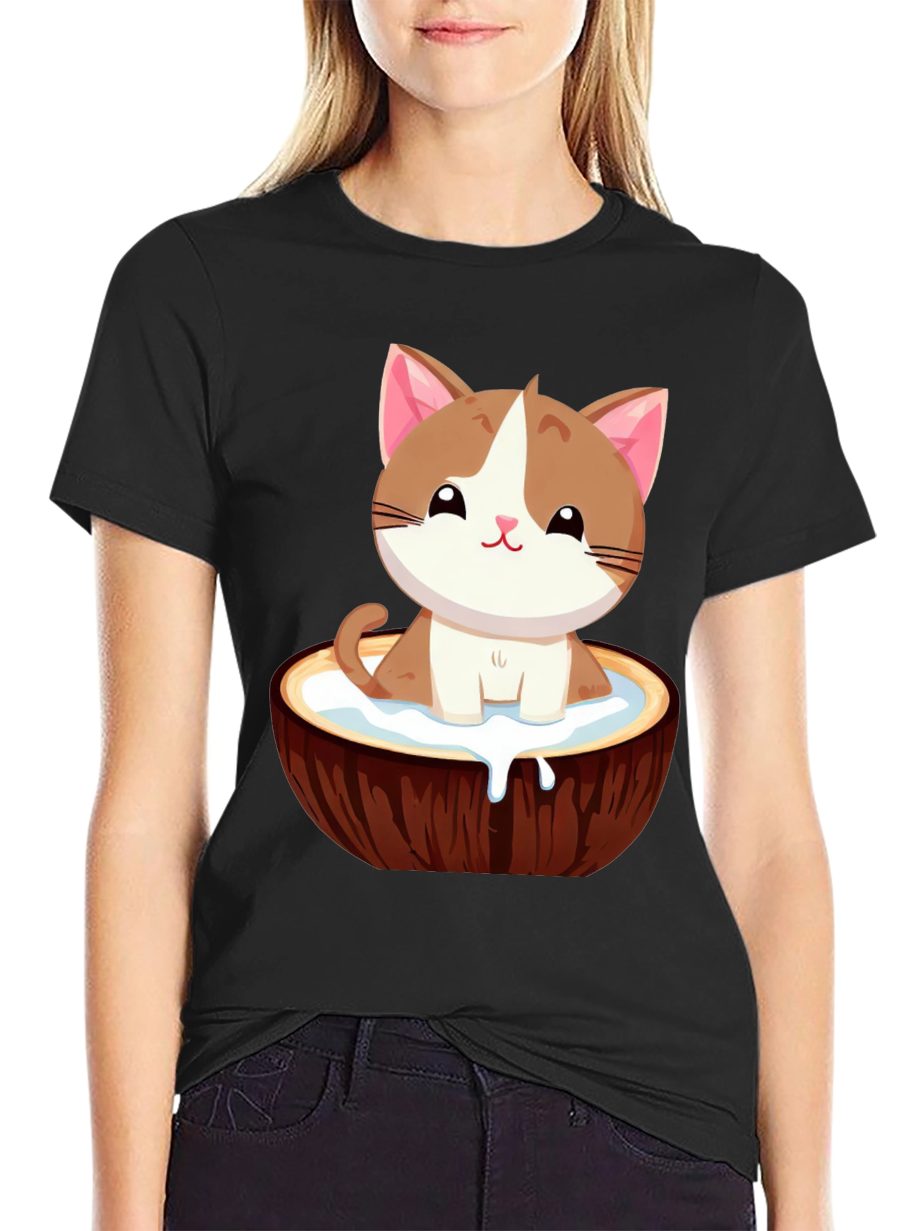 Black Cute Cat in Coconut Bowl T-Shirt view 2