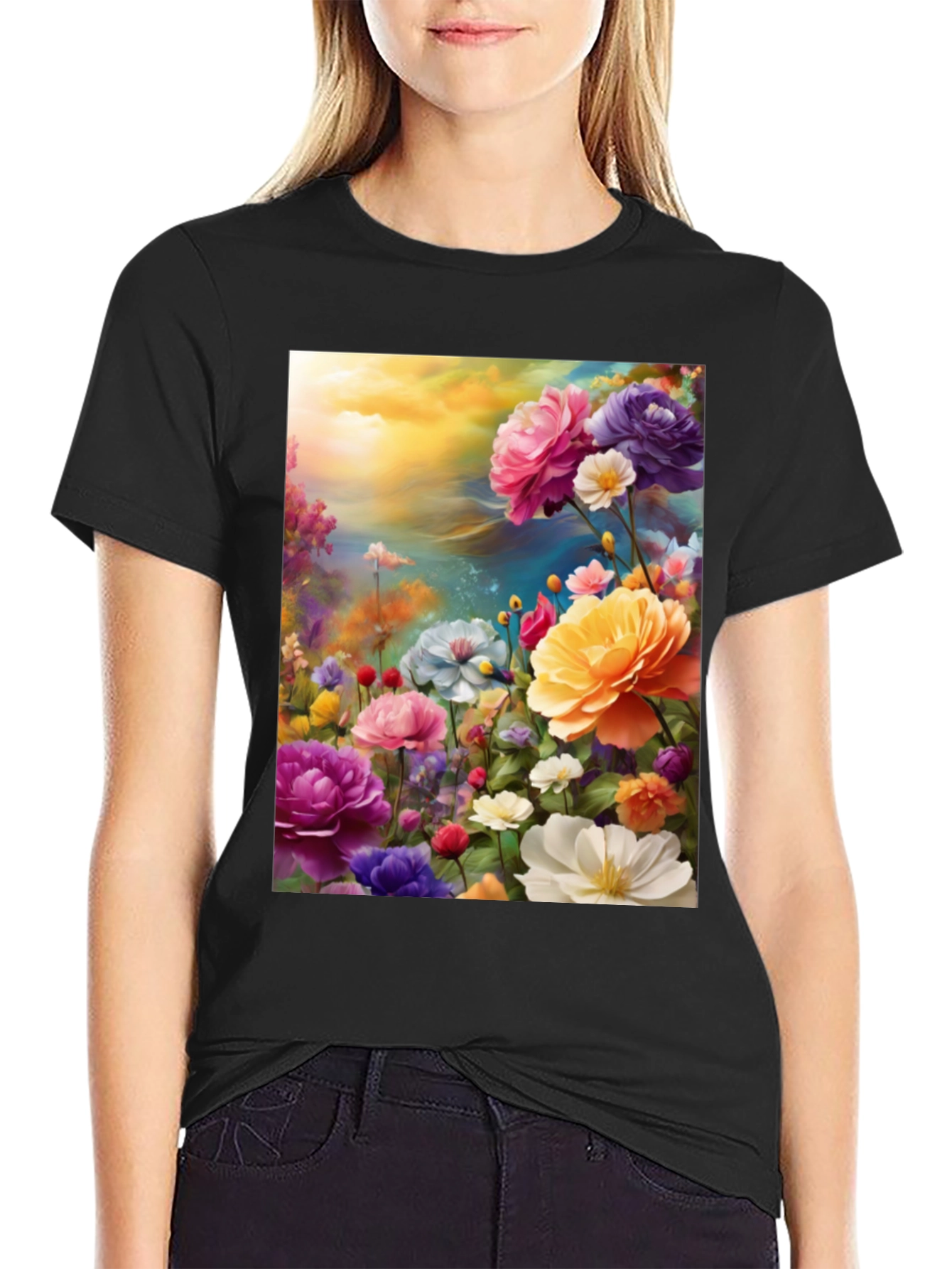 Black Floral Art Print Black T-Shirt view 2