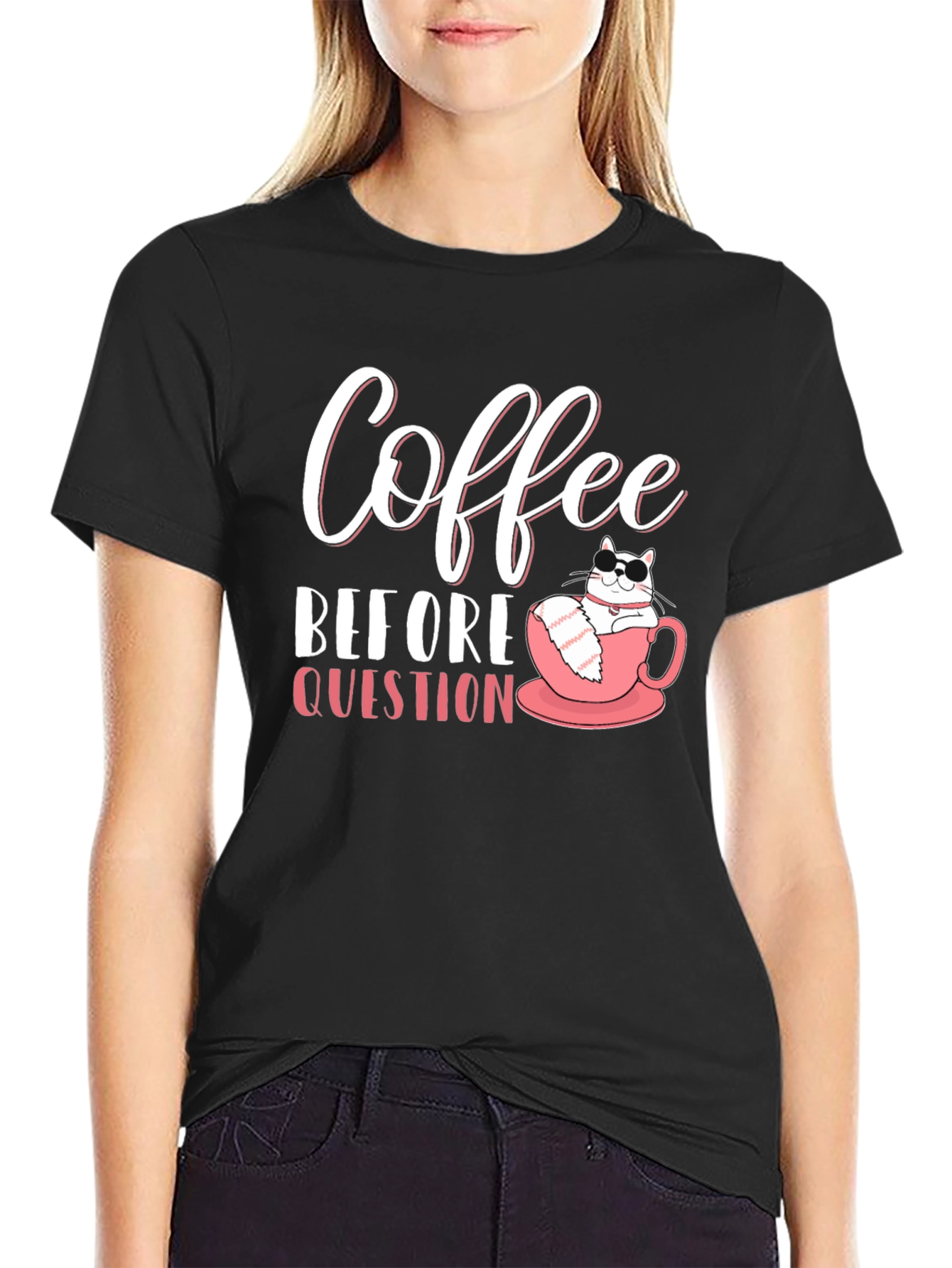 Black Coffee Before Question T-Shirt - Cat Lover Tee view 2