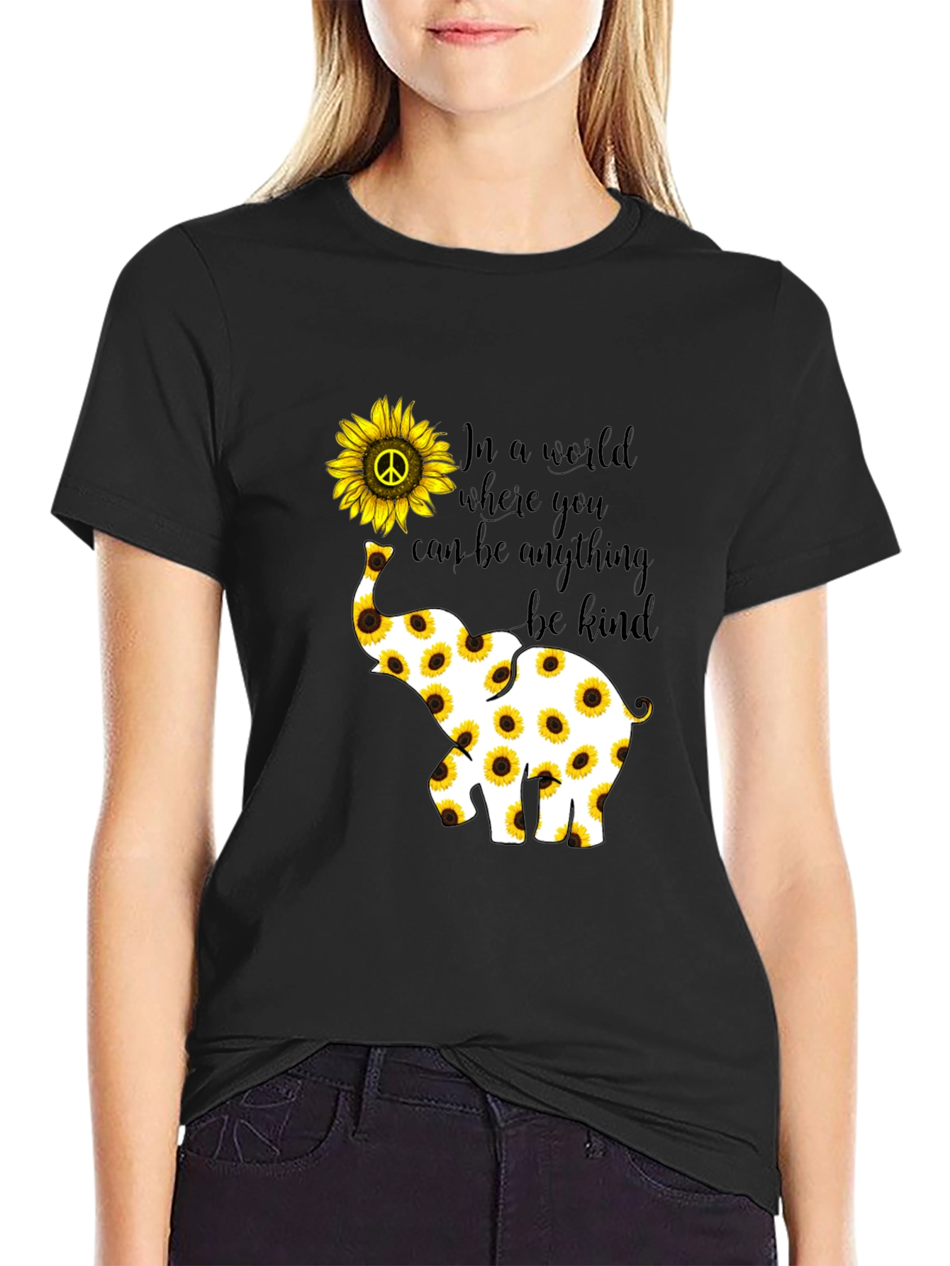 Black Sunflower Elephant Graphic Tee - Be Kind view 2