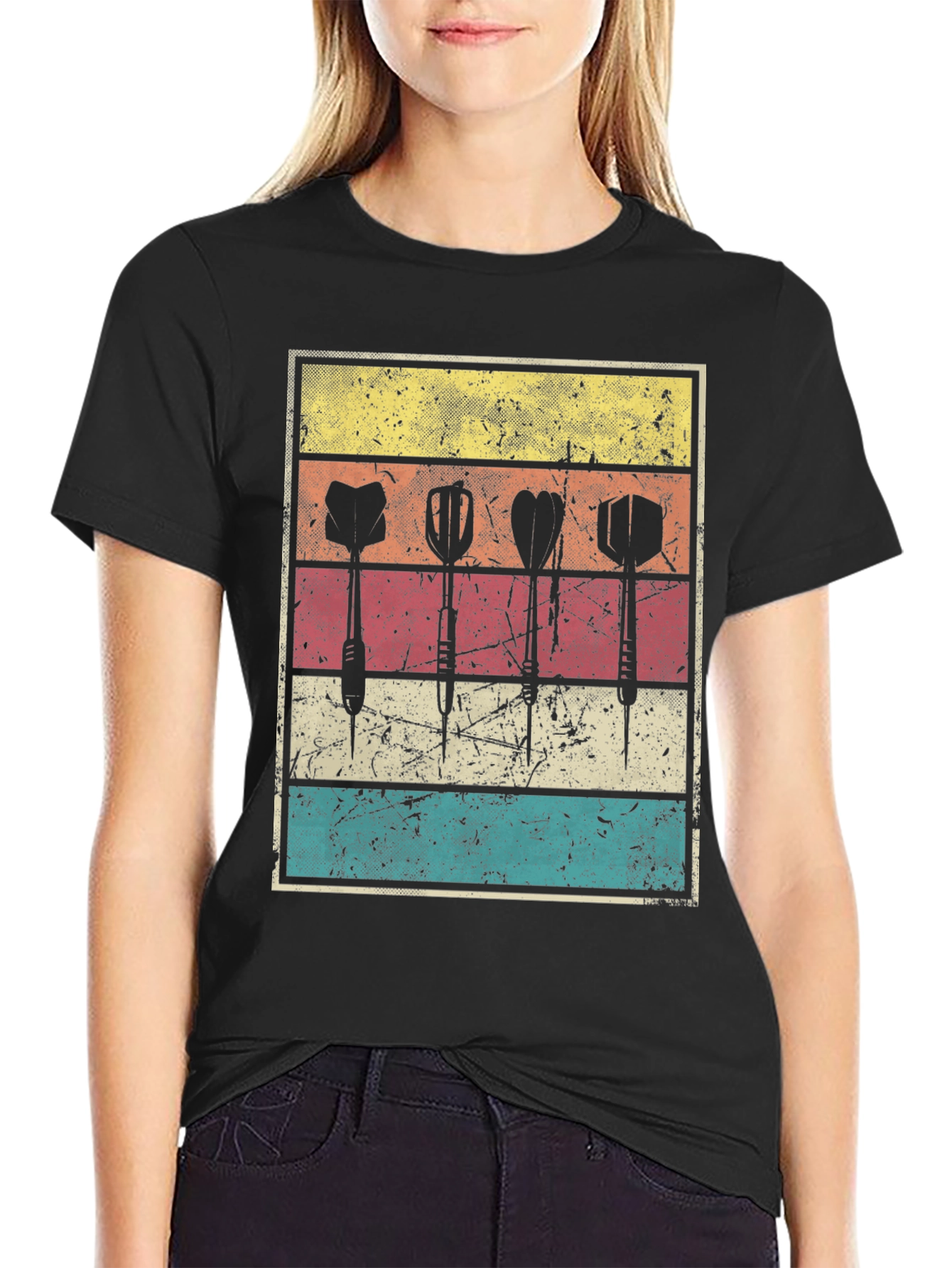 Black Retro Darts T-Shirt - Vintage Dartboard Design view 2