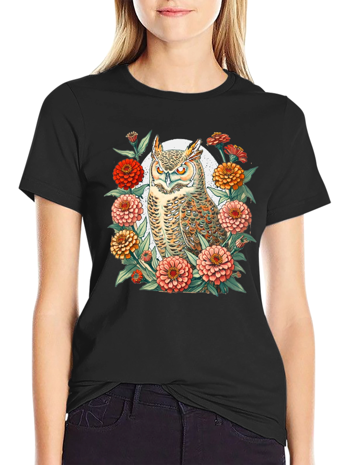 Black Owl and Flower Graphic Black T-Shirt view 2