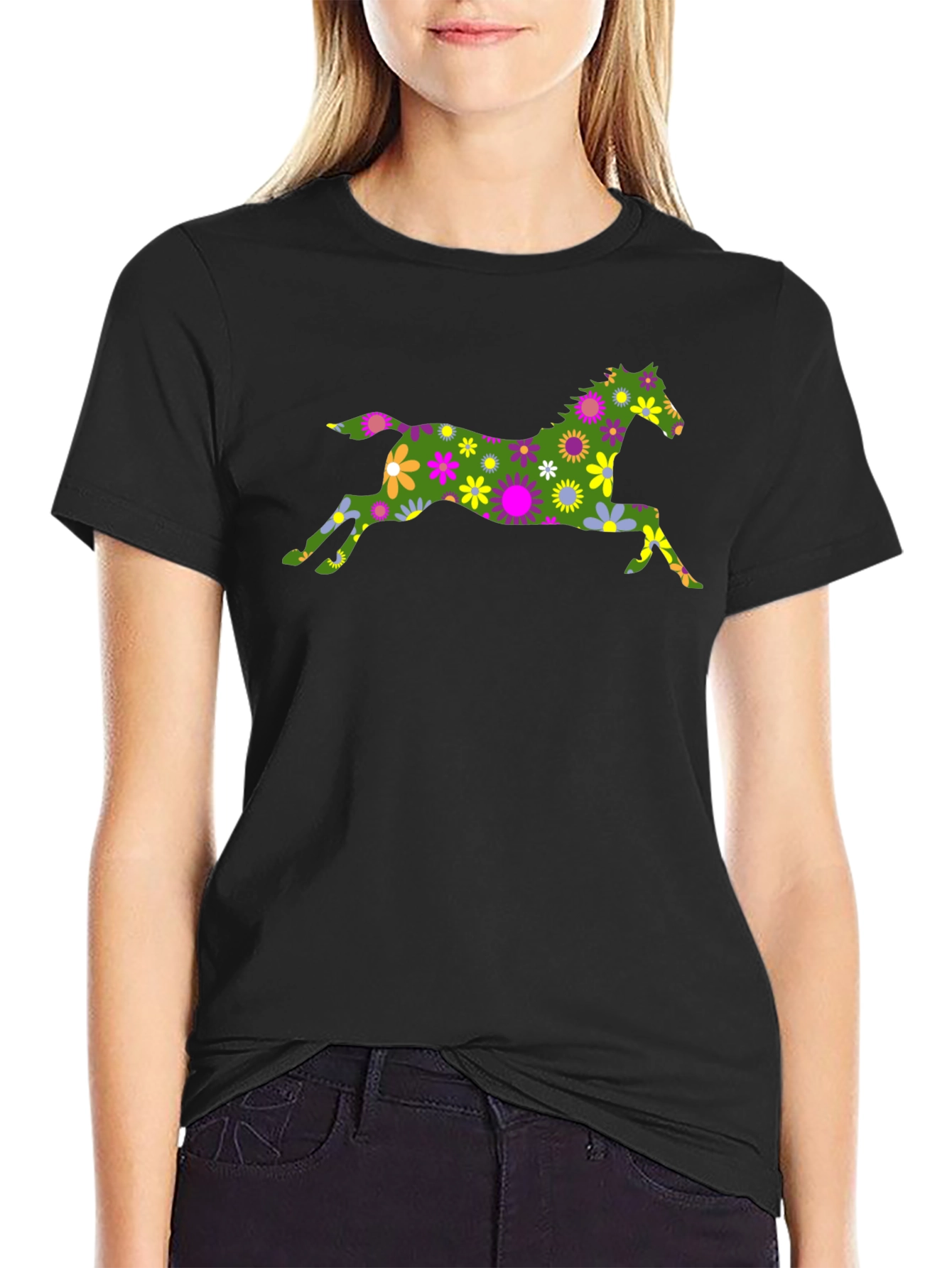 Black Floral Horse Graphic Tee - Black Cotton T-Shirt view 2