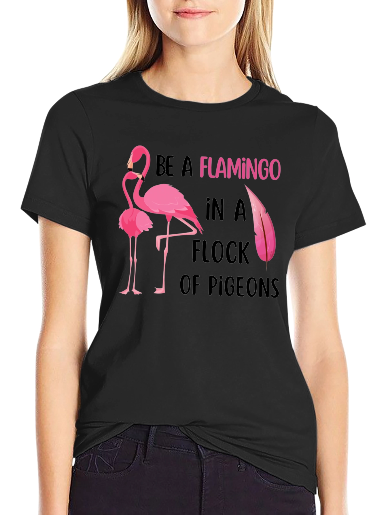 Black Be a Flamingo Graphic Tee - Statement T-Shirt view 2