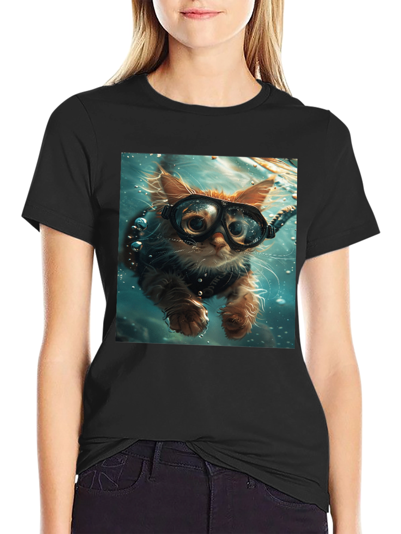 Black Diving Cat T-Shirt - Novelty Graphic Tee view 2
