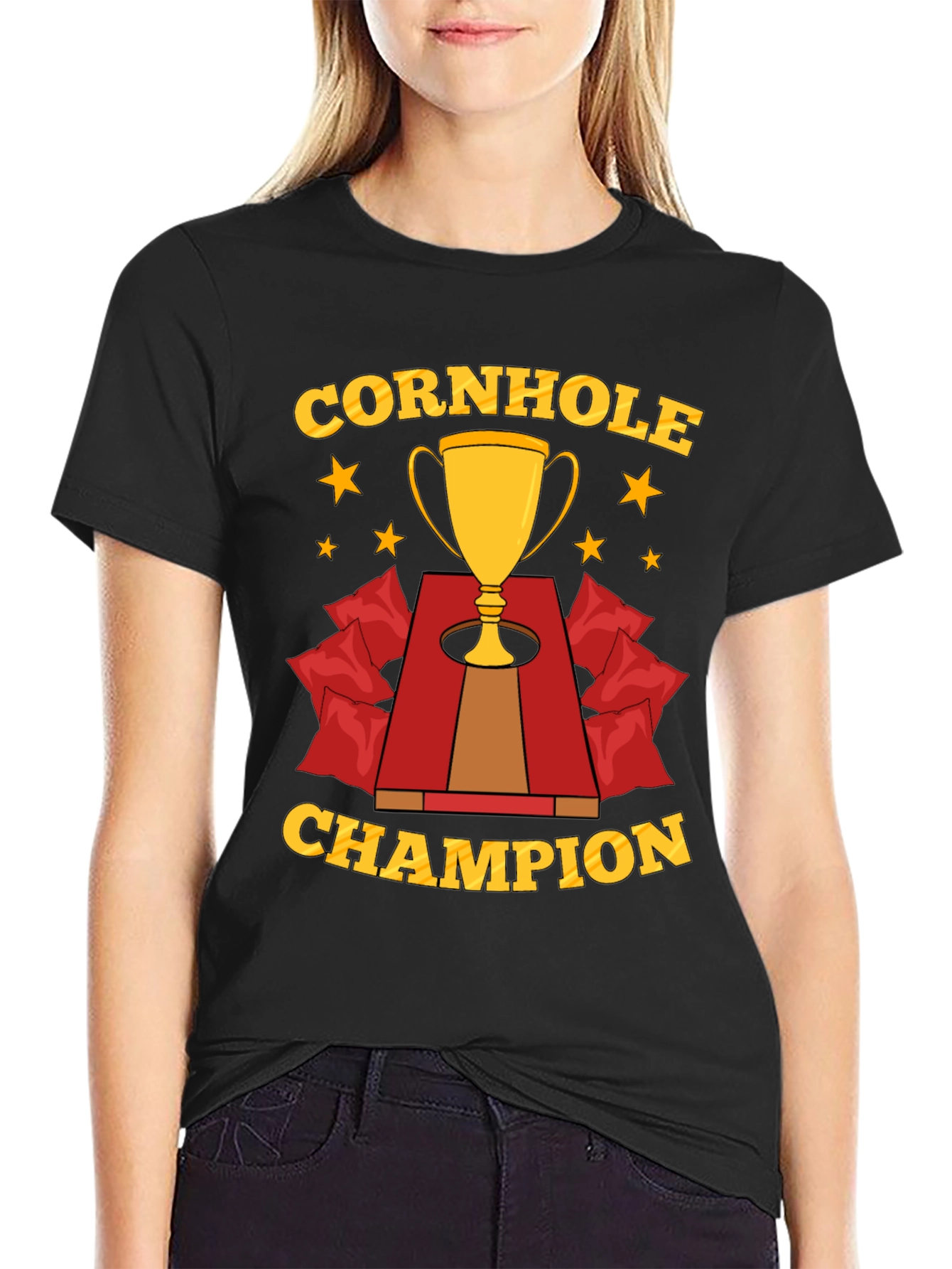 Black Cornhole Champion T-Shirt, Trophy Design view 2