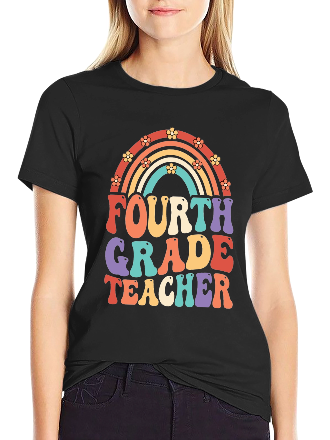 Black Fourth Grade Teacher Retro Rainbow T-Shirt view 2