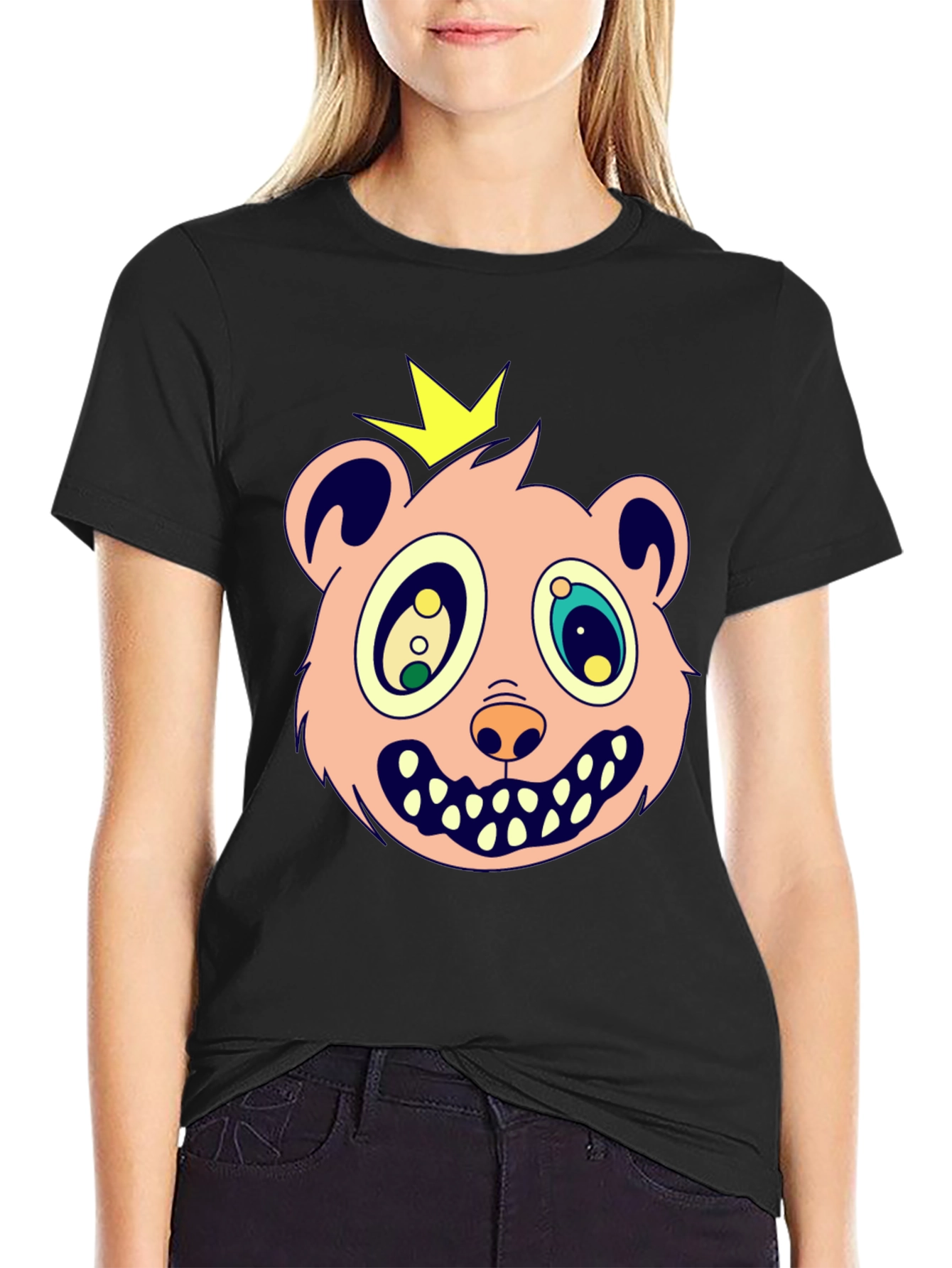 Black Cartoon Bear King Graphic Tee view 2