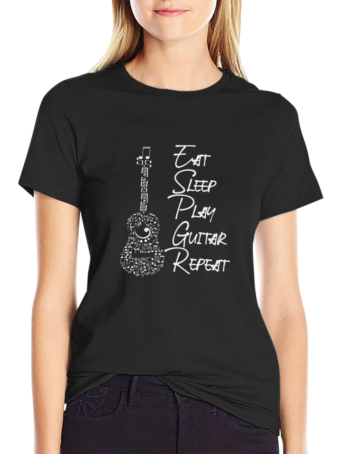 Black Eat Sleep Play Guitar Repeat Graphic Tee view 2