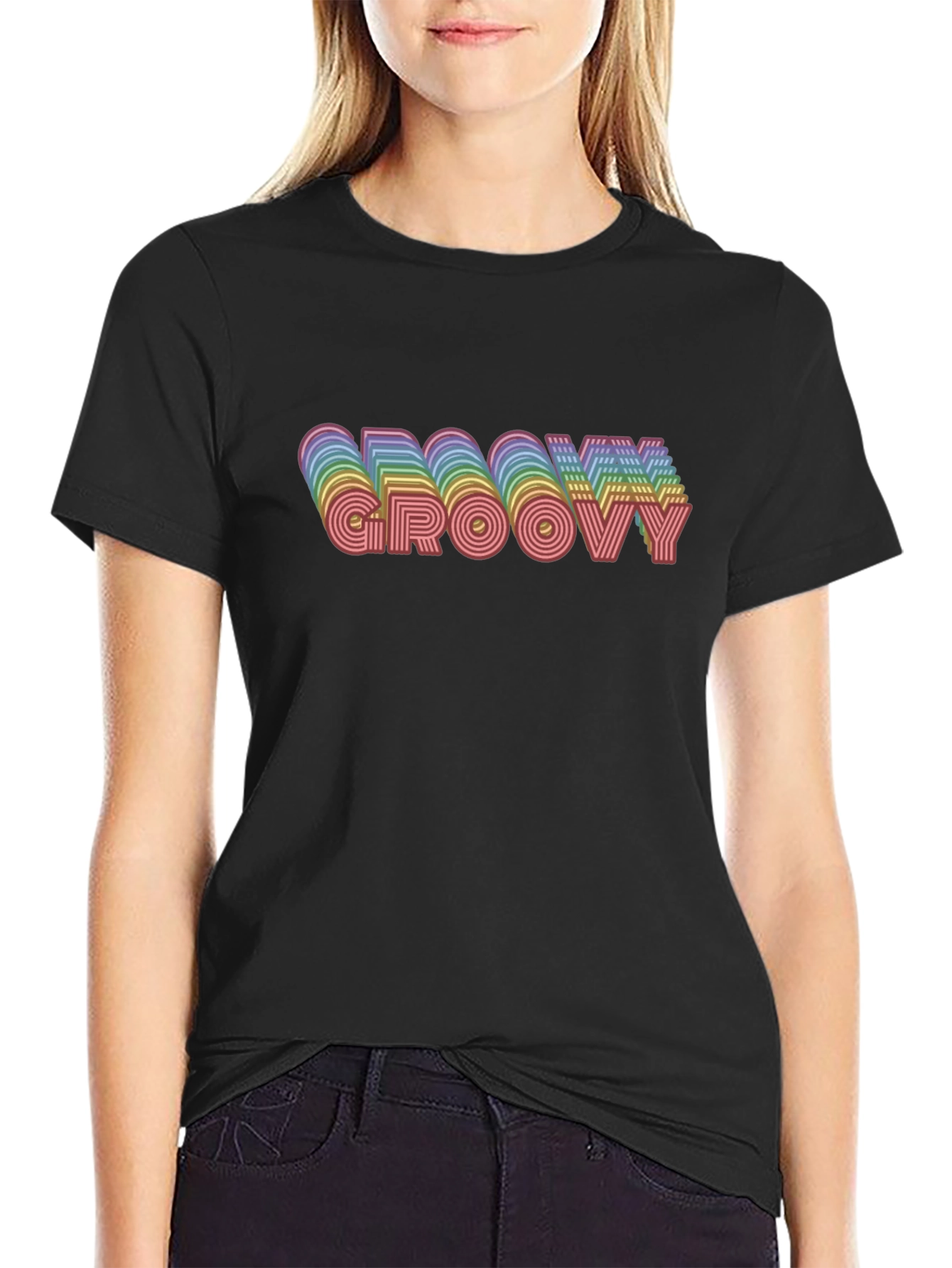 Black Groovy Retro Rainbow Graphic Tee - Black Cotton T-Shirt view 2