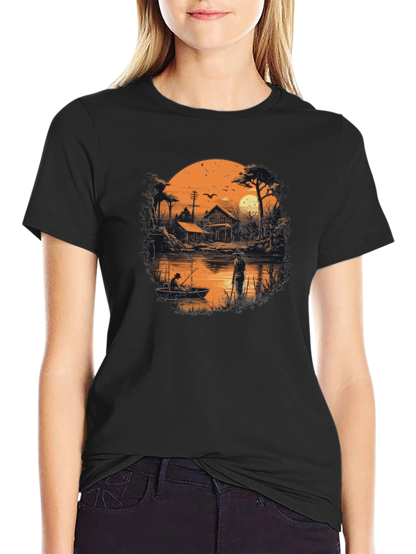 Black Fishing at Sunset Graphic T-Shirt view 2